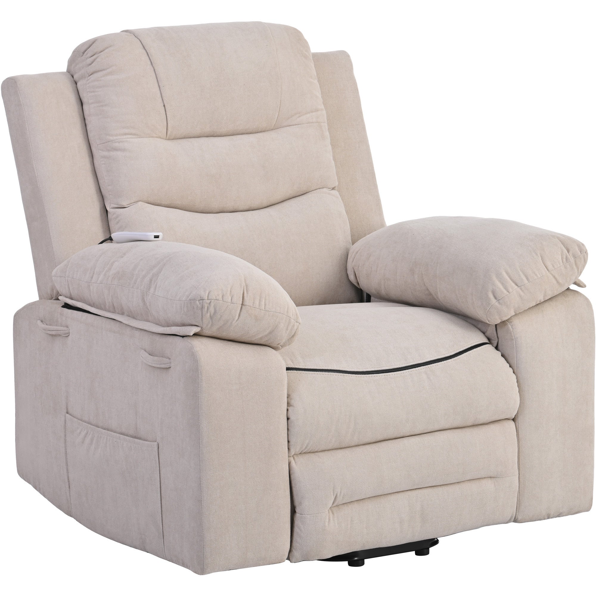 Beige infinite position massage and heat power lift recliner, seated with extension