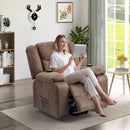 Brown Power Lift Chair with Woman Modeling Footrest Raised