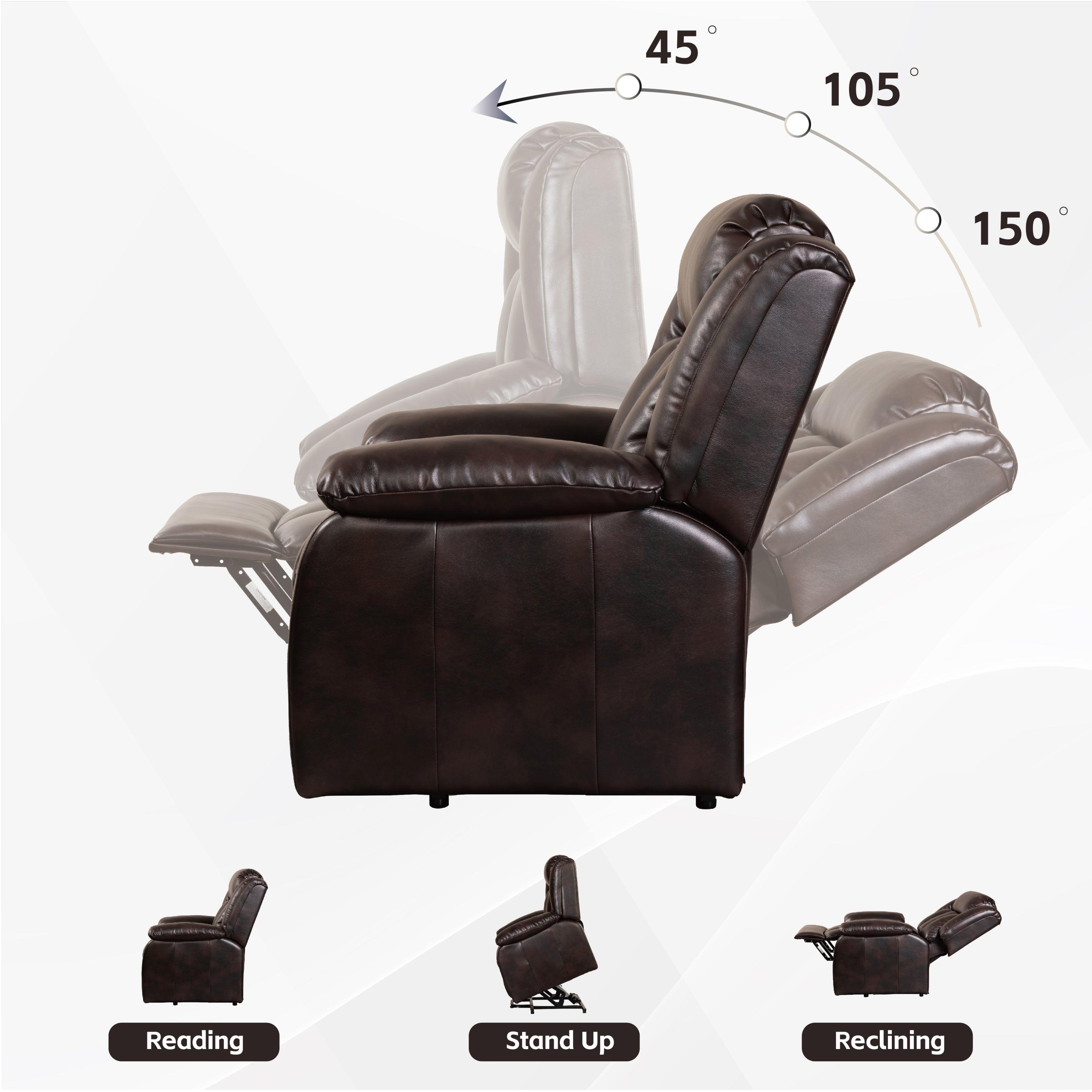 Red brown lift chair recliner with massage and heat, chair angles