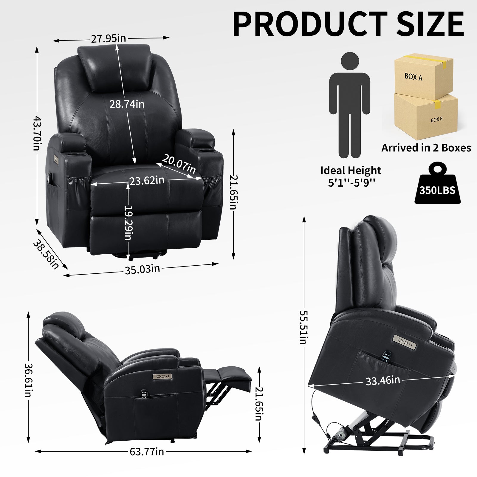 Power Lift Recliner Chair with Massage and Lumbar Heating, Black, dimensions and shipping