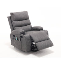 Overstuffed Large Power Lift Recliner with Massage and Heat, Gray, partially recllined
