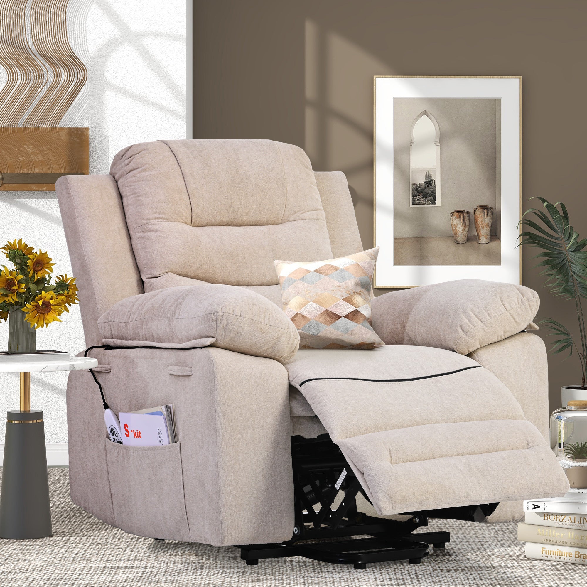 Beige infinite position massage and heat power lift recliner, foot rest extended