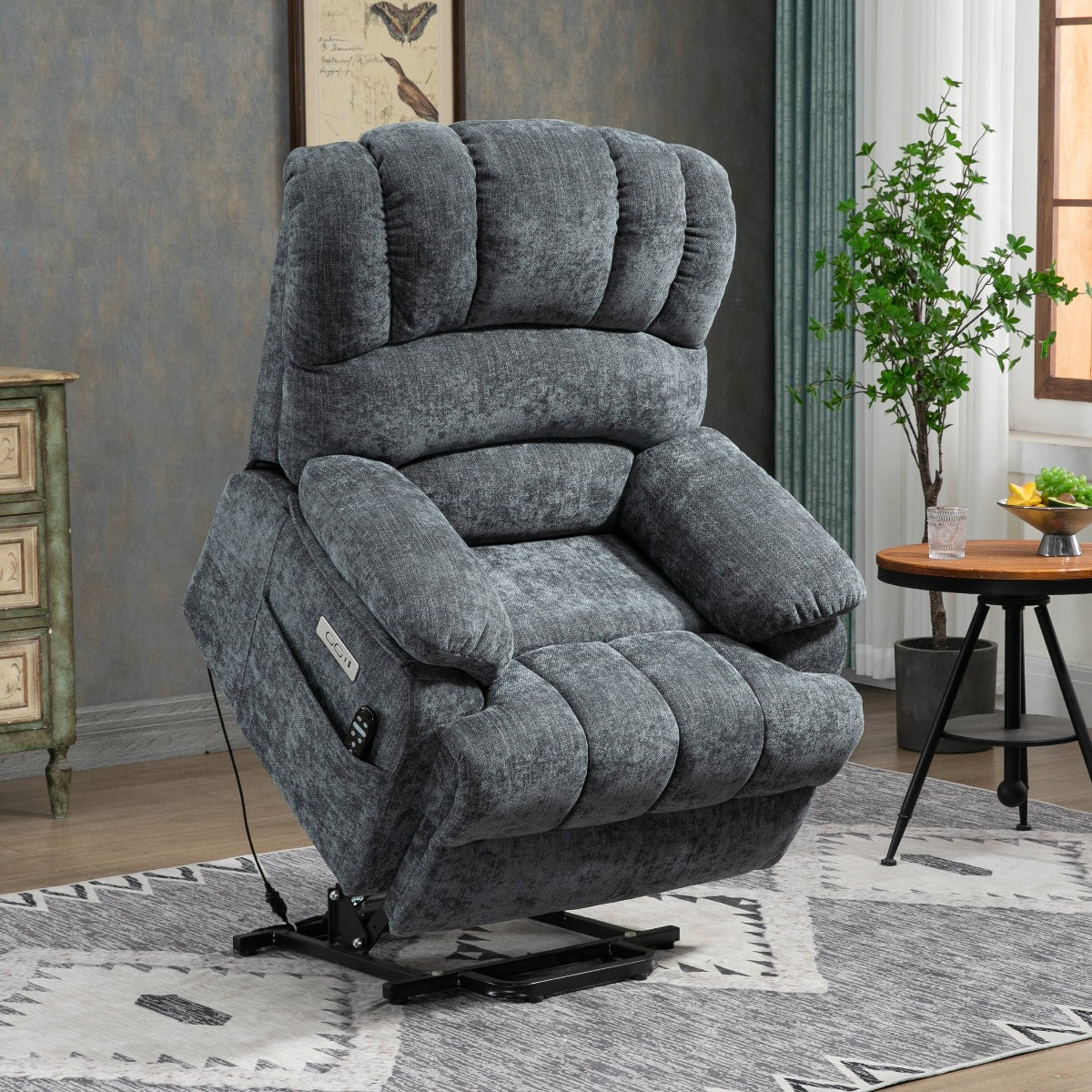 High Back Large Size Blue Chenille Power Lift Recliner Chair with Massage and Heat