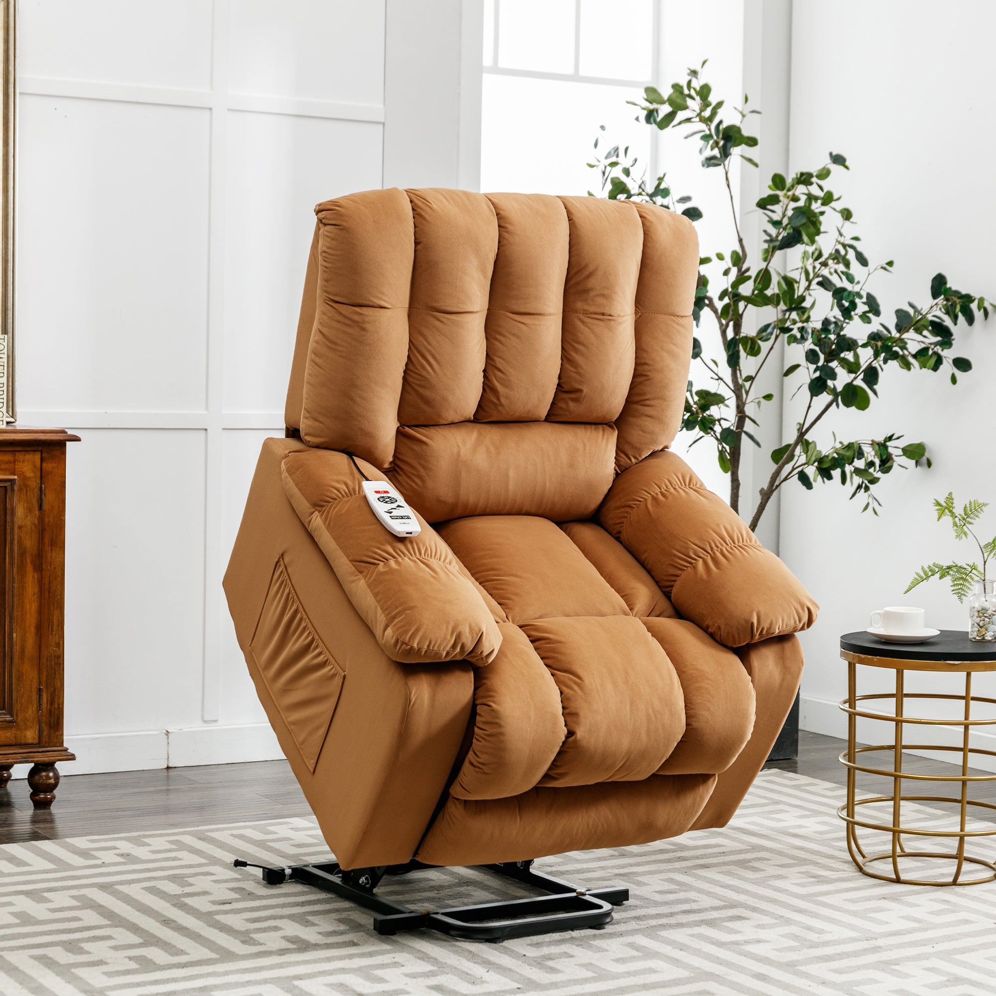 Light Brown Power Lift Chair Front with Lift Extended Quarter Turn Profile