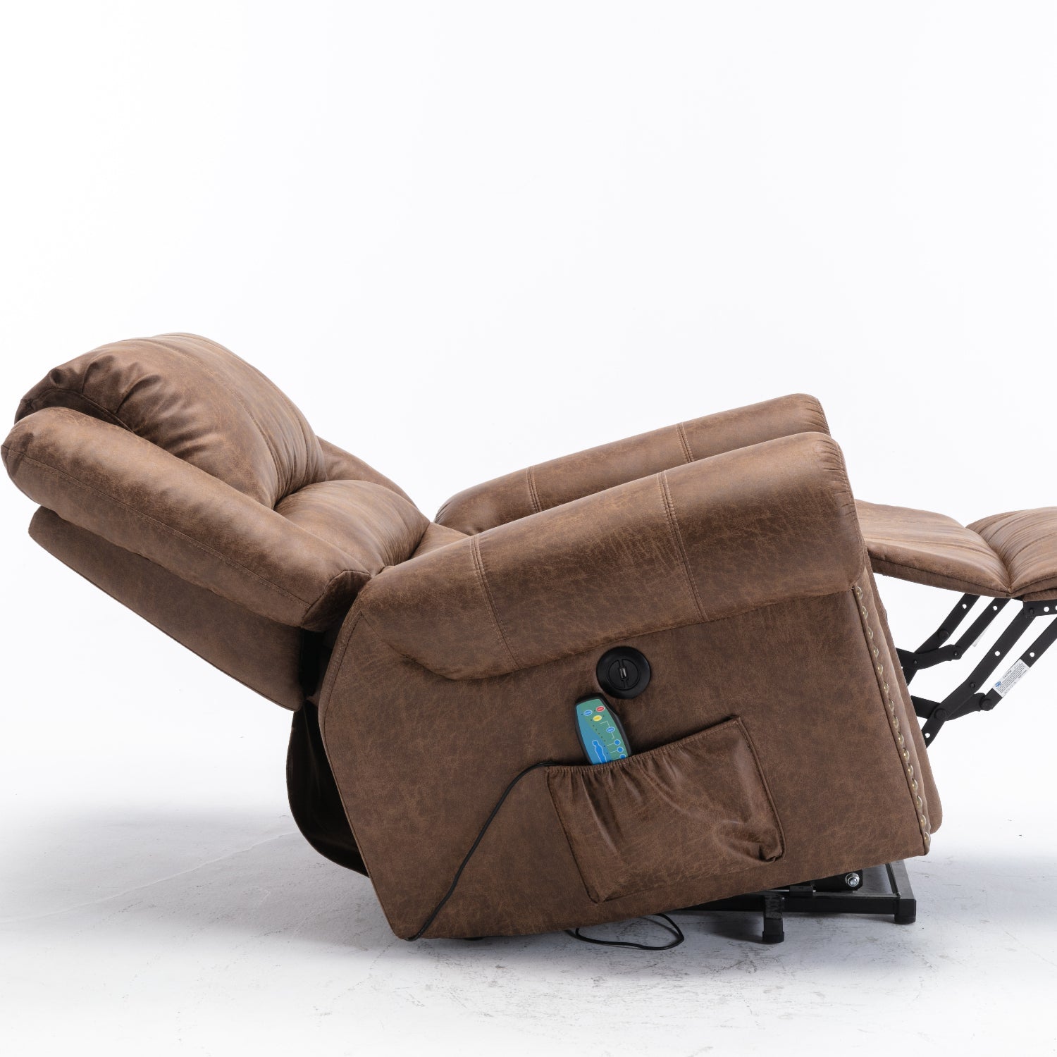 Nut Brown Power Lift Recliner Chair with Massage and Heat, fully reclined, side view