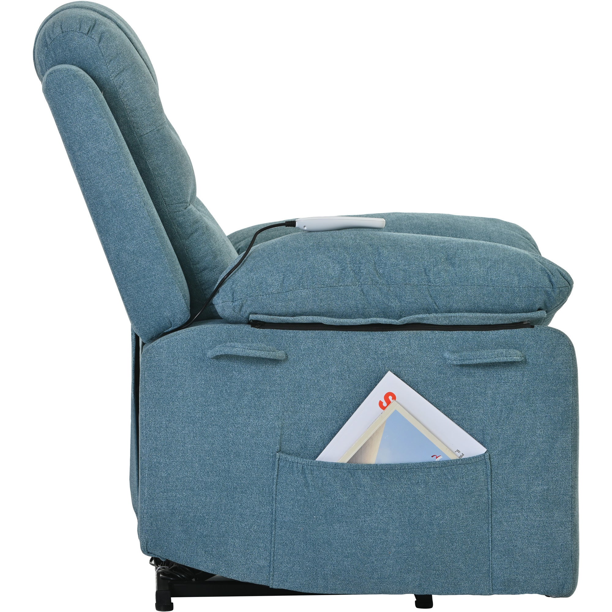 Blue Power Lift Chair Right Side Profile with headrest tilted
