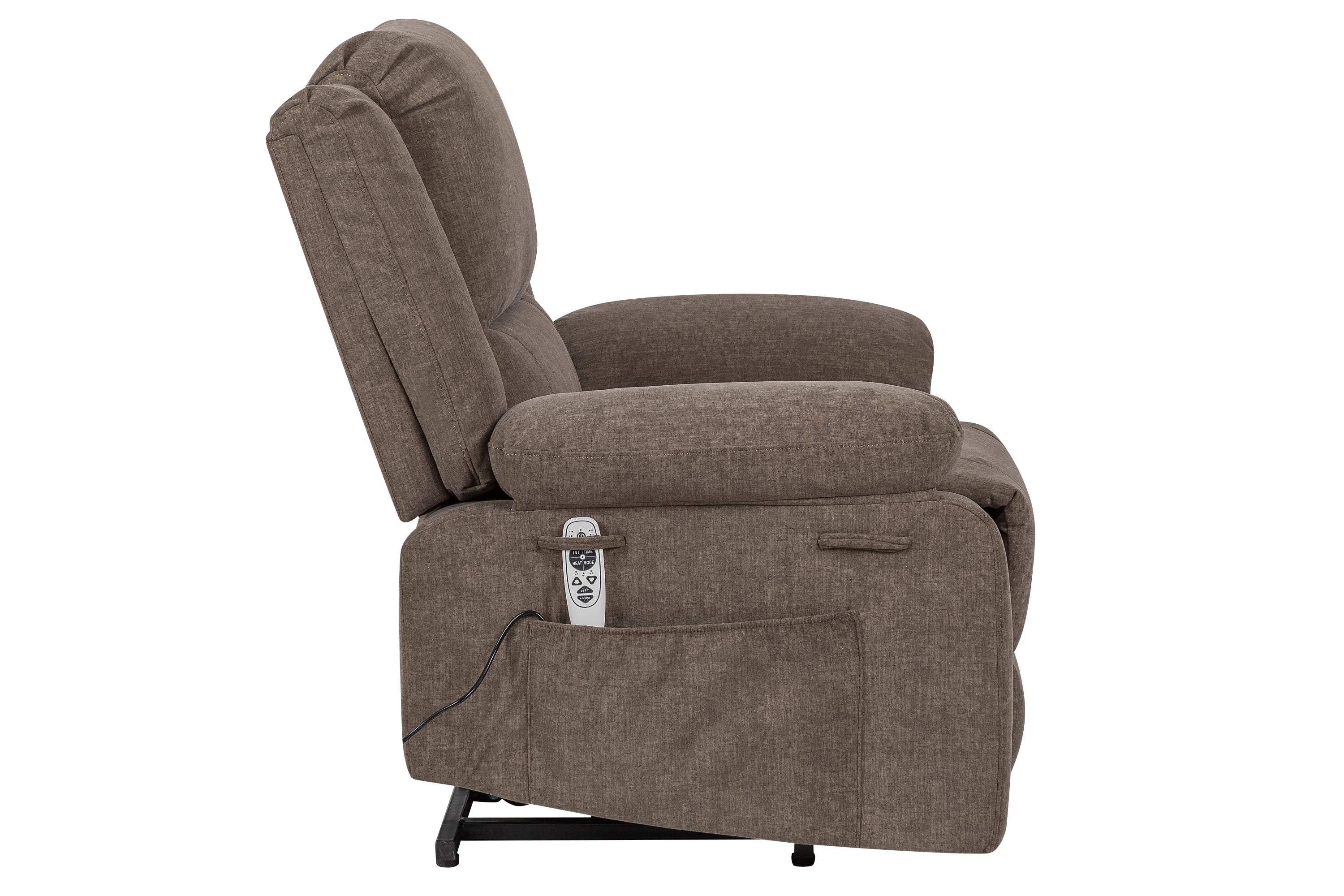 Power Lift Recliner Chair With Massage and Lumbar Heat, Brown, seated side view