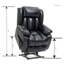 Black Leather Power Lift Recliner Chair, lifted with measurements