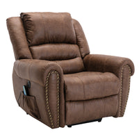 Nut Brown Power Lift Recliner Chair with Massage and Heat, angle view seated