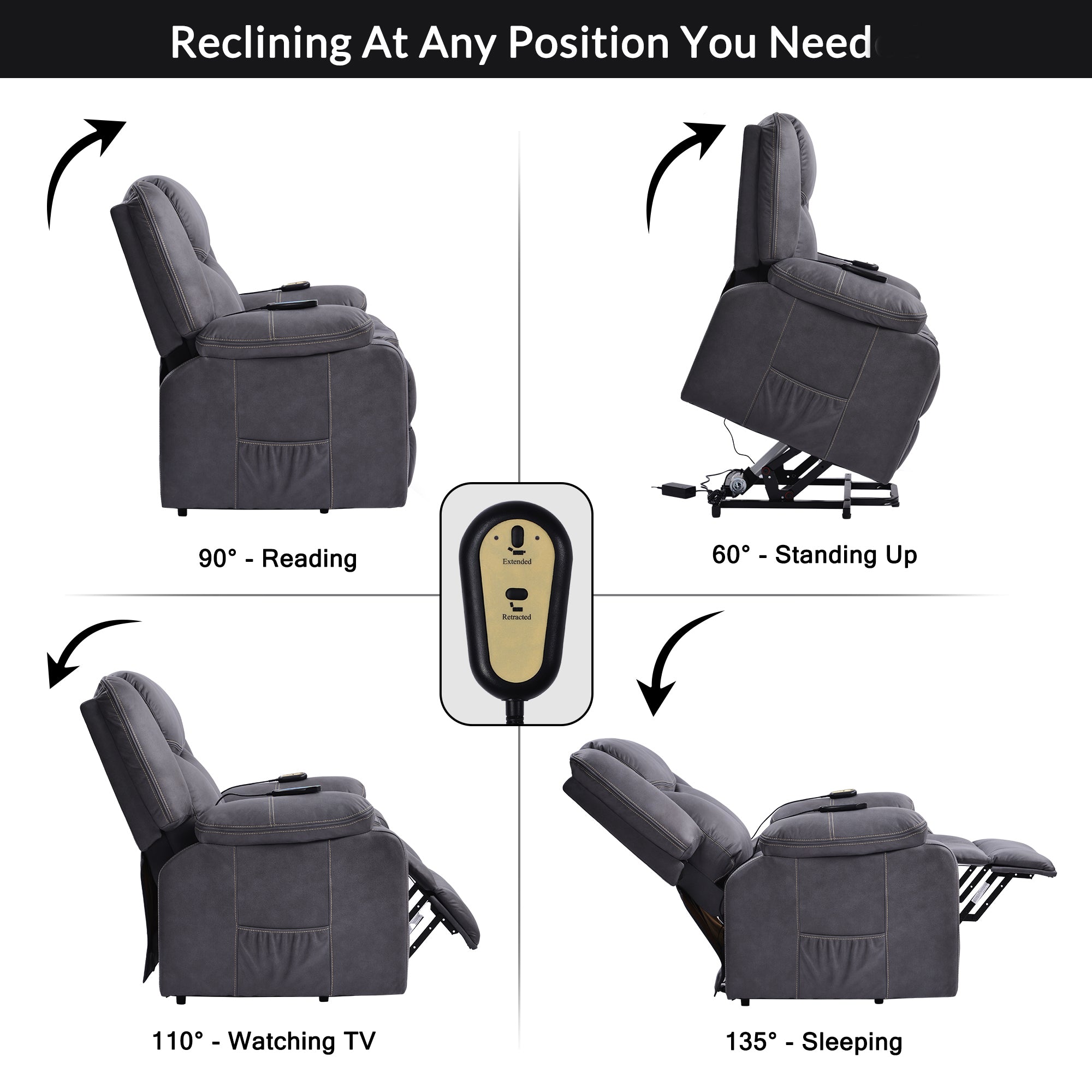 Power Lift Recliner Chair with Heat and Massage, degrees of positions