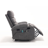 Overstuffed Large Power Lift Recliner with Massage and Heat, Gray, side view partially reclined