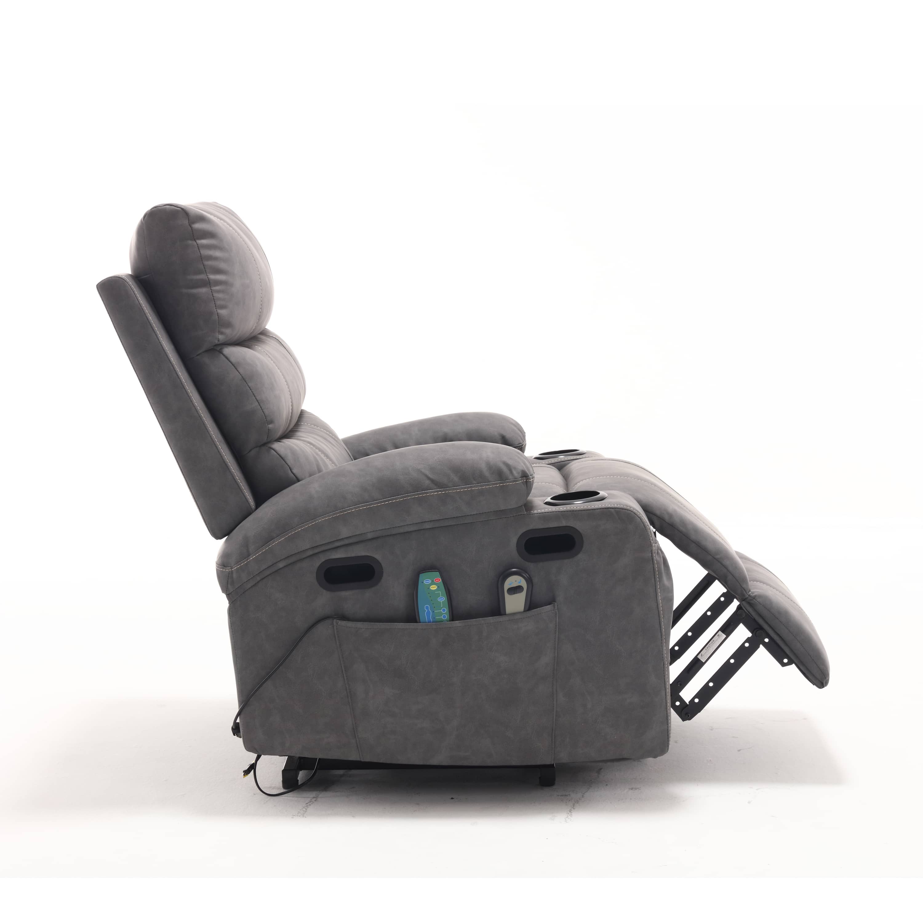 Overstuffed Large Power Lift Recliner with Massage and Heat, Gray, side view partially reclined