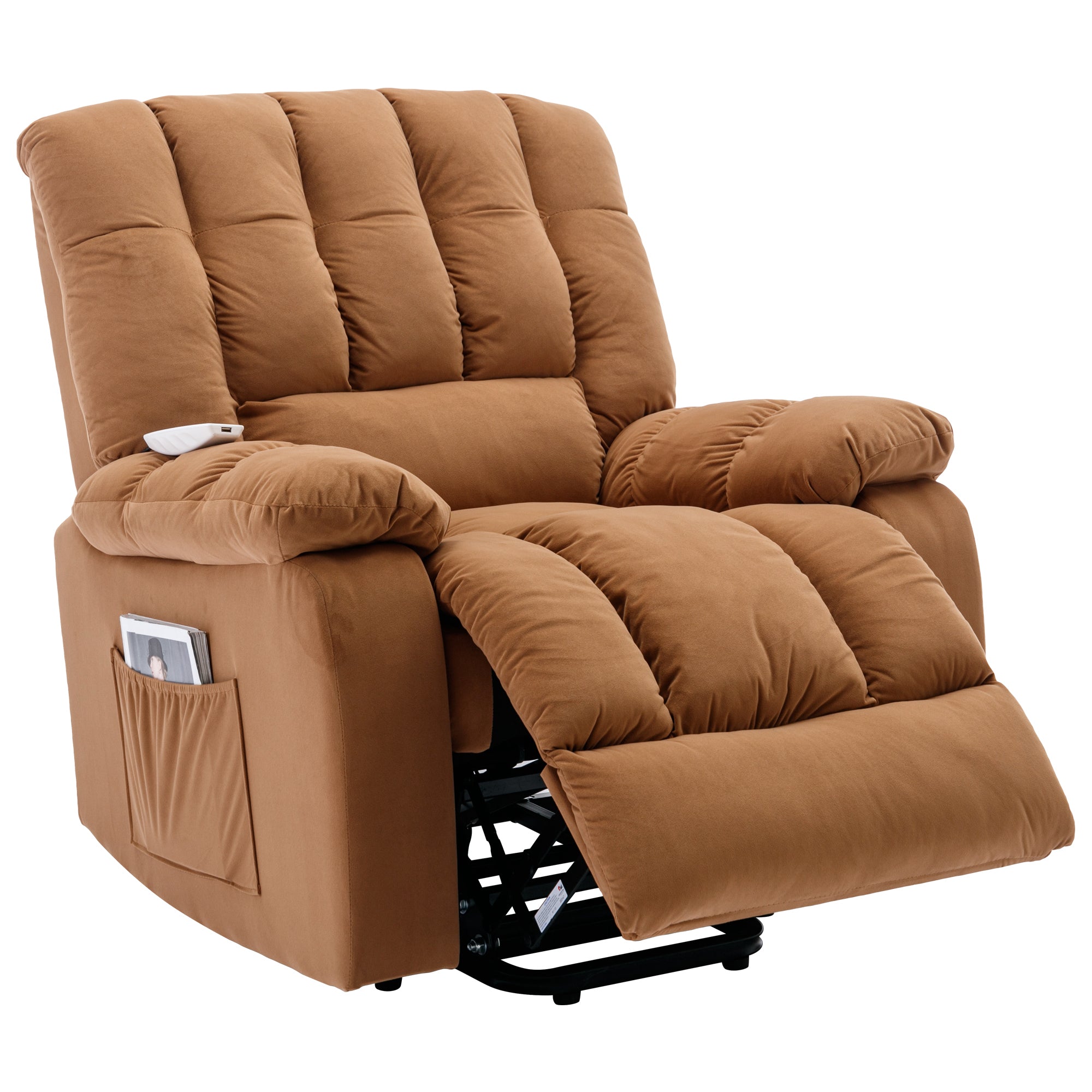 Light Brown Power Lift Chair Front Profile Quarter Shot Foot Rest Extended