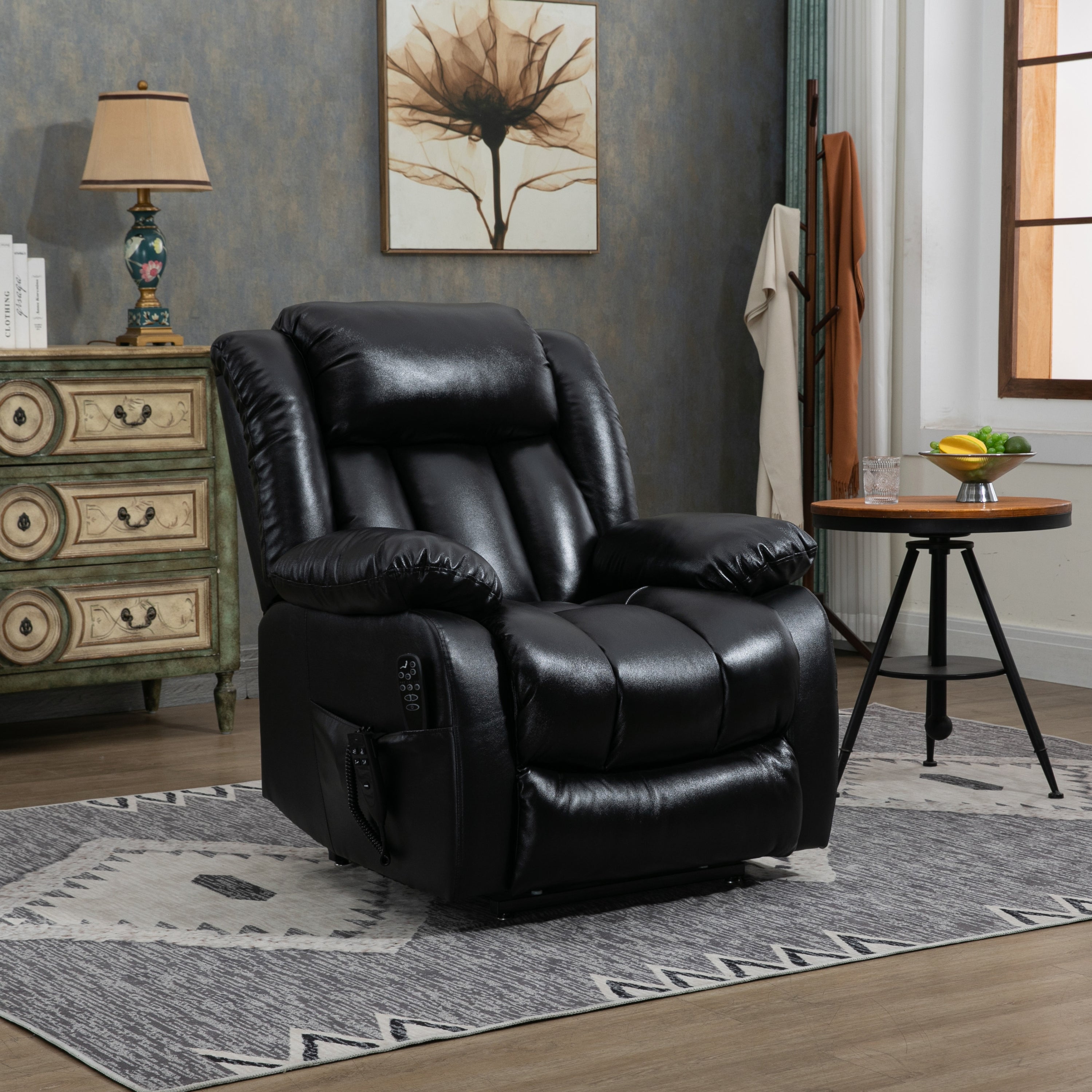 Medium Size Infinite Position Black Leather Power Lift Recliner Chair with Massage and Heat