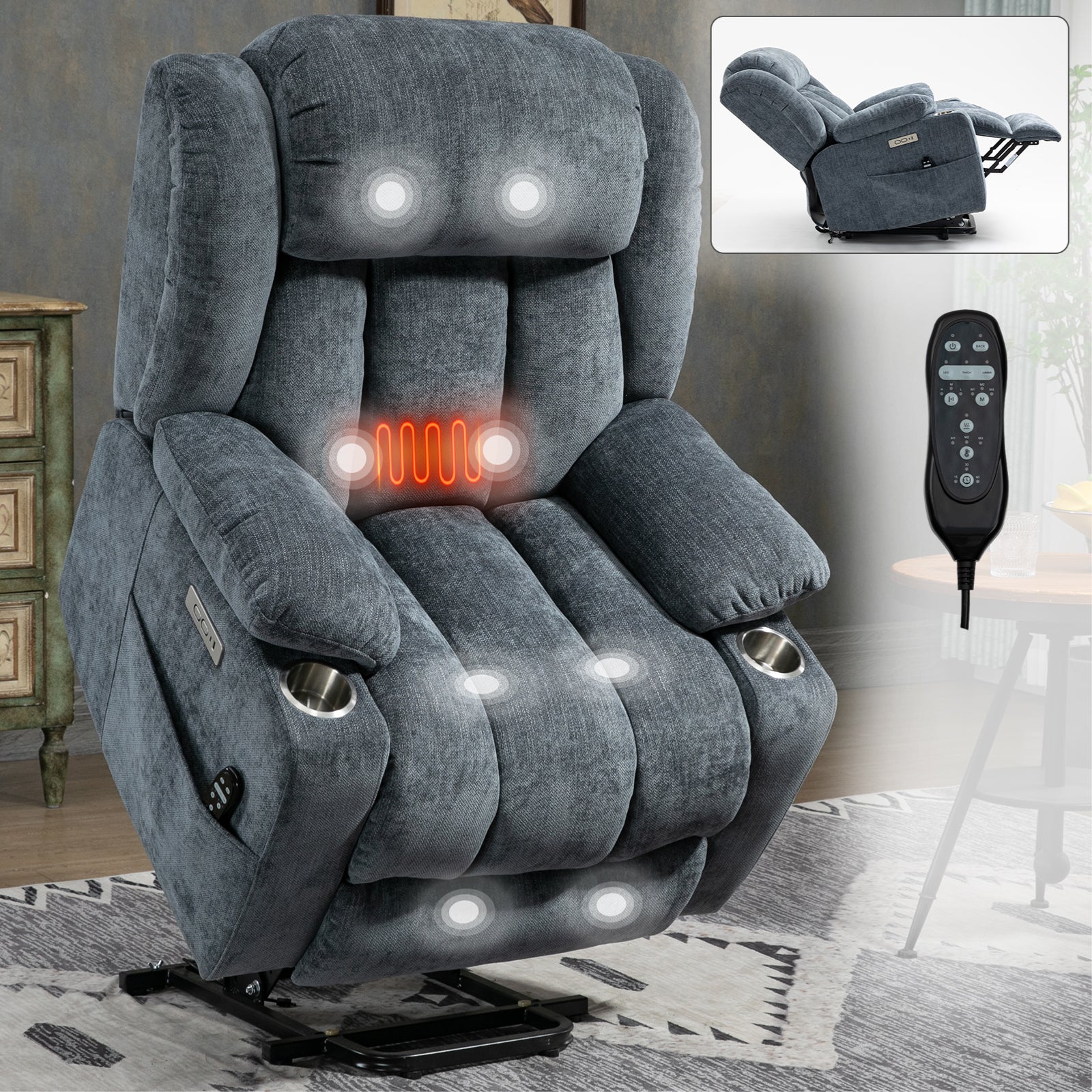 Blue Chenille Power Lift Recliner Chair, Heavy Duty Motion Mechanism with 8-Point Vibration Massage and Lumbar Heating, USB and Type-C Ports, Stainless Steel Cup Holders