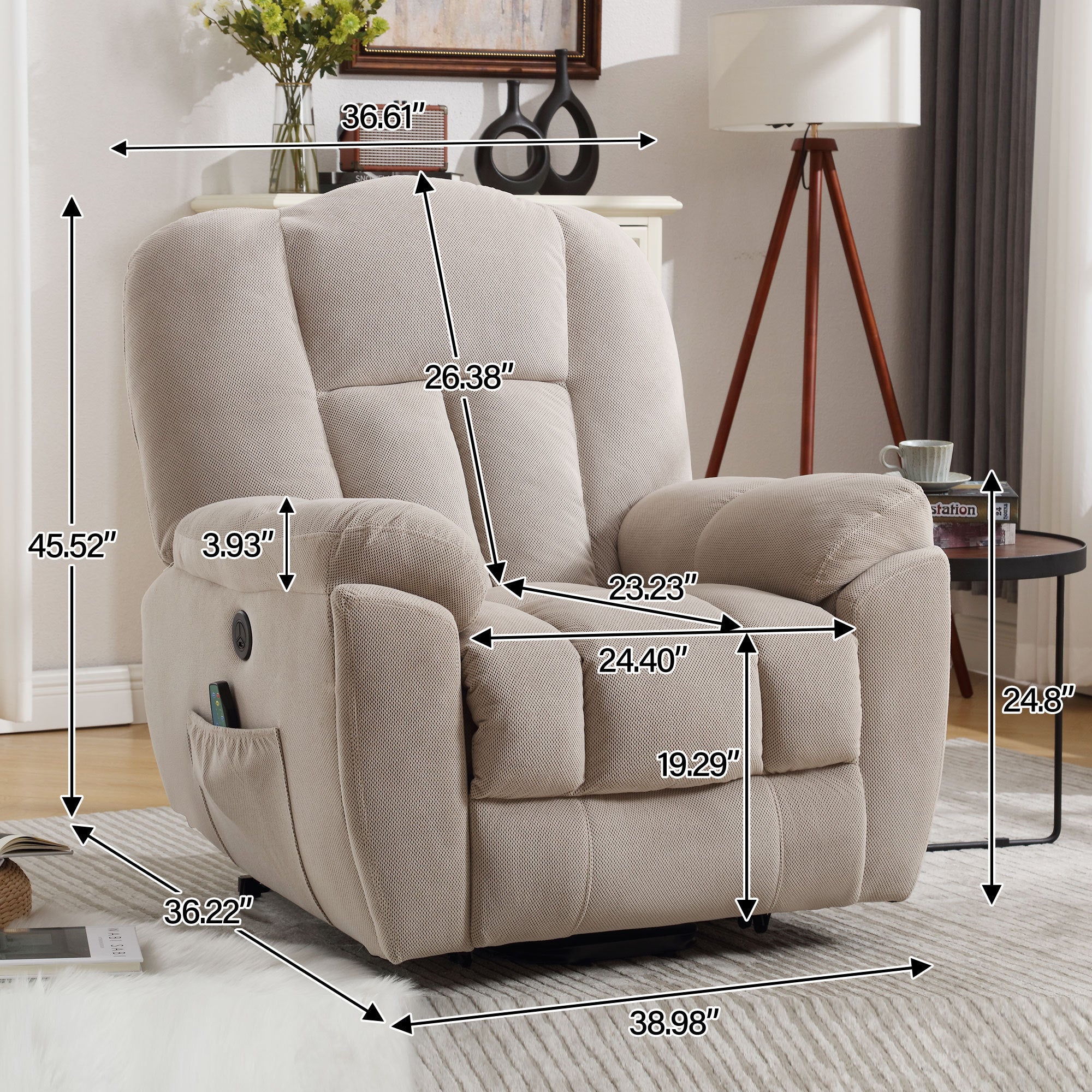 Infinite Position Power Lift Recliner with Heat and Massage, Beige, dimensions