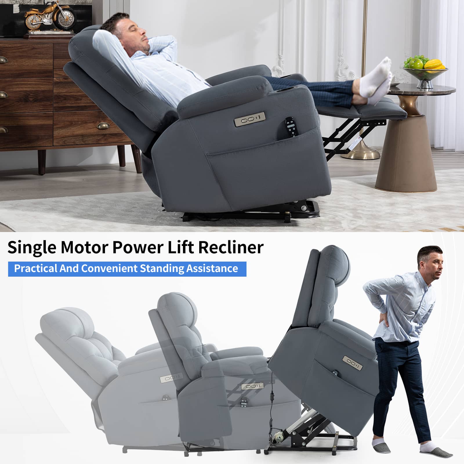 Blue Power Lift Recliner Chair with Vibration Massage and Lumbar Heat, recline and lift