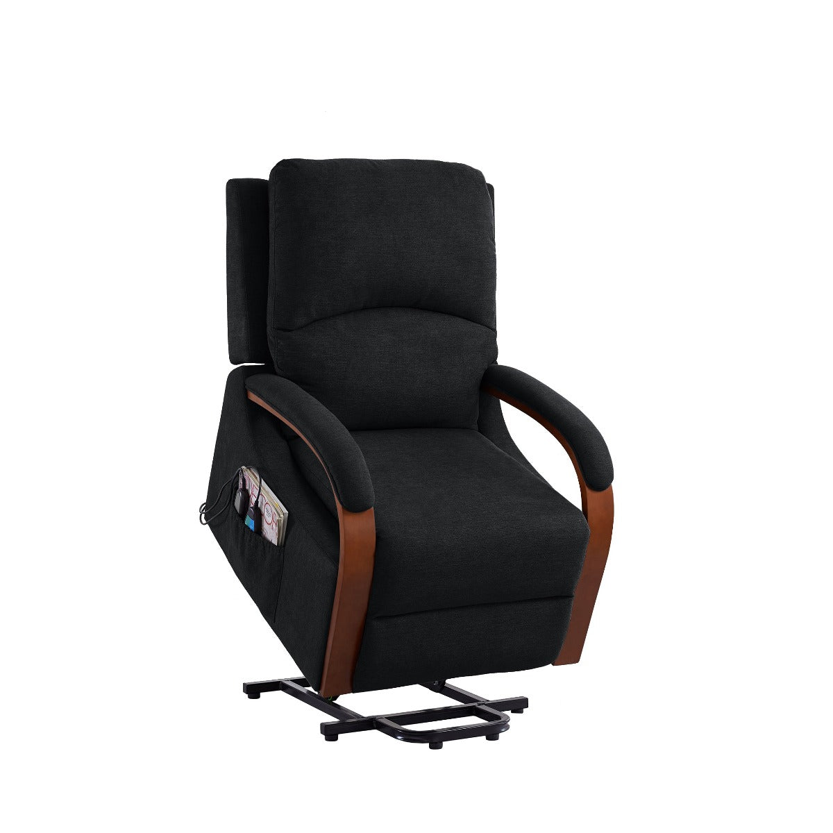 Power Lift Recliner Message Chair Soft Charcoal colored Fabric front view lifted no background