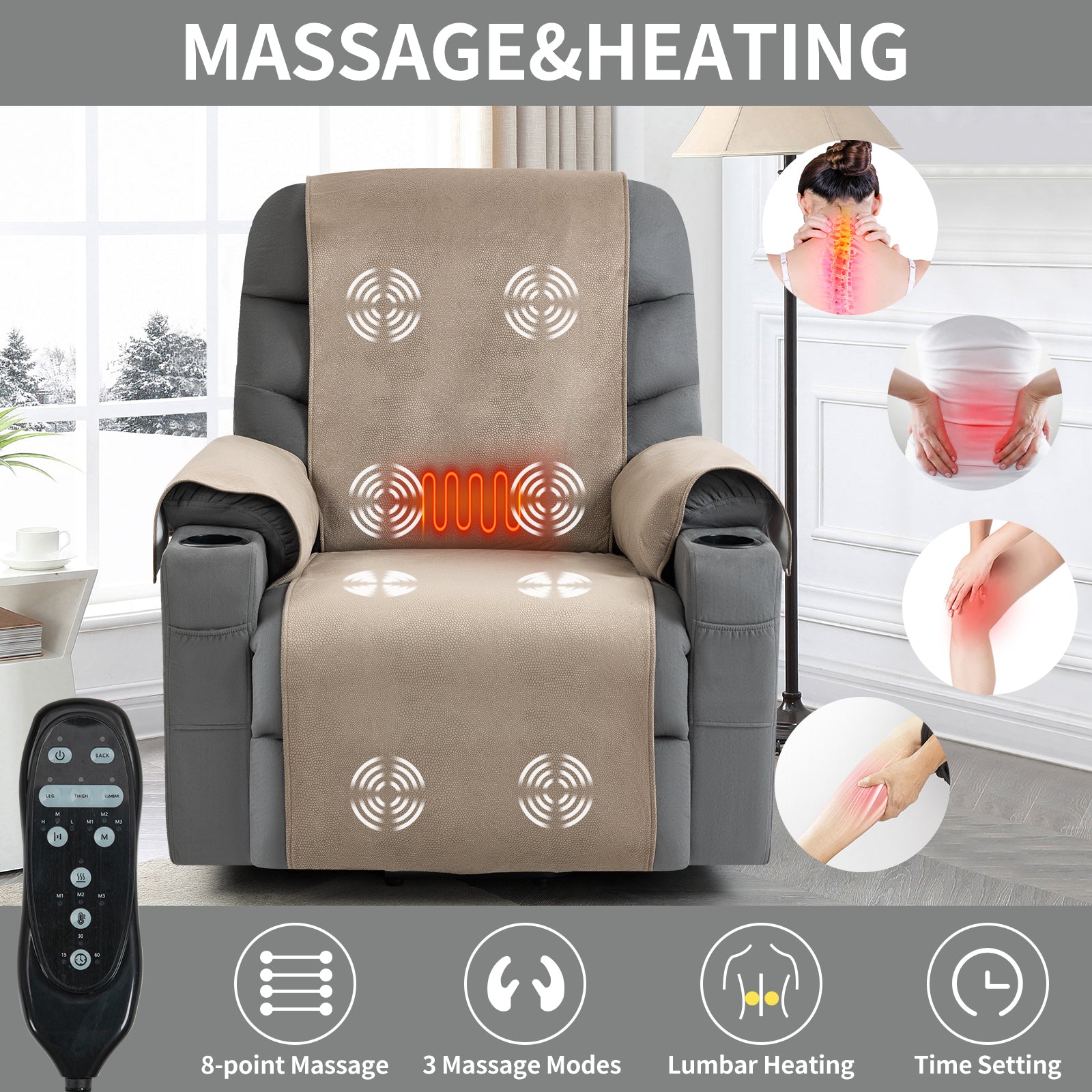 Grey Power Lift Recliner Chair with Vibration Massage and Lumbar Heat, heat and massage points