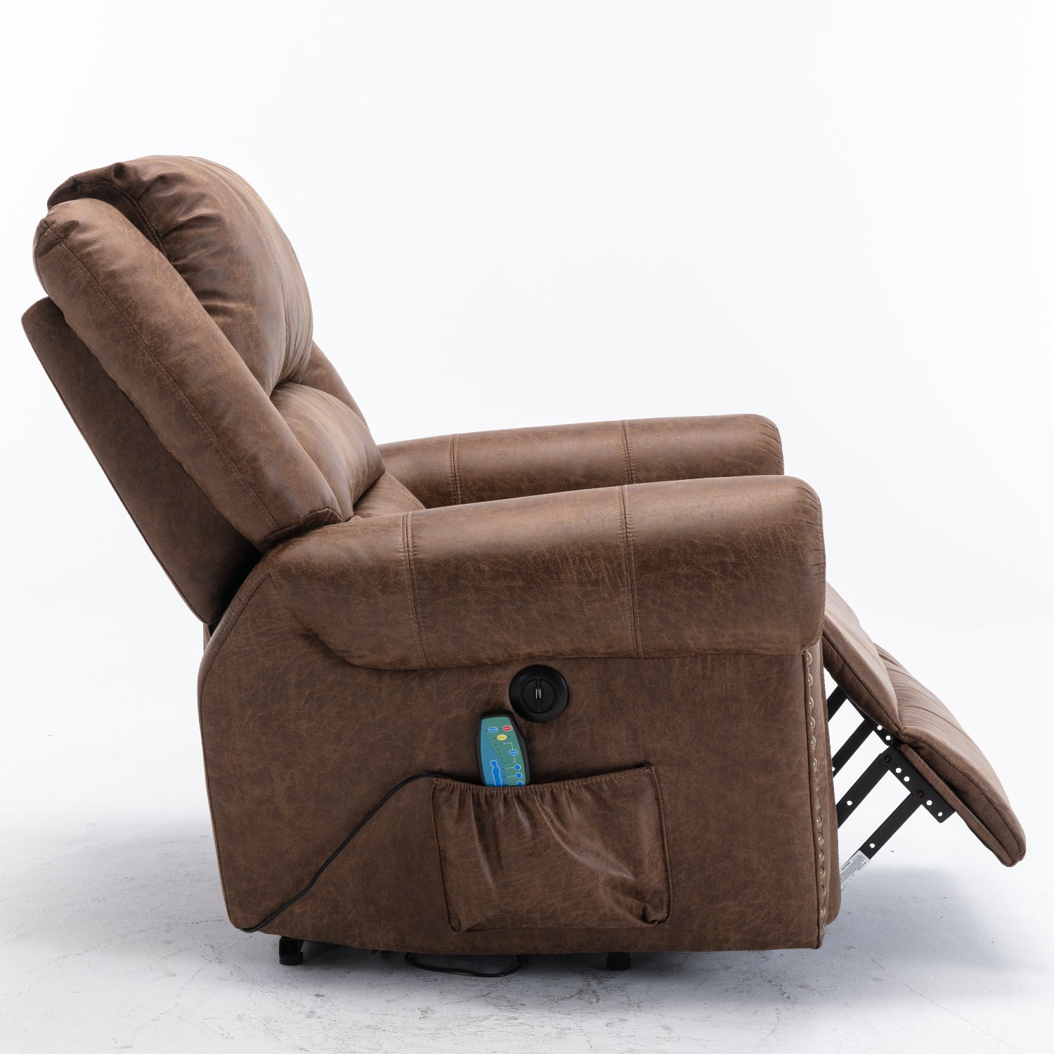 Nut Brown Power Lift Recliner Chair with Massage and Heat, partially reclined, side view