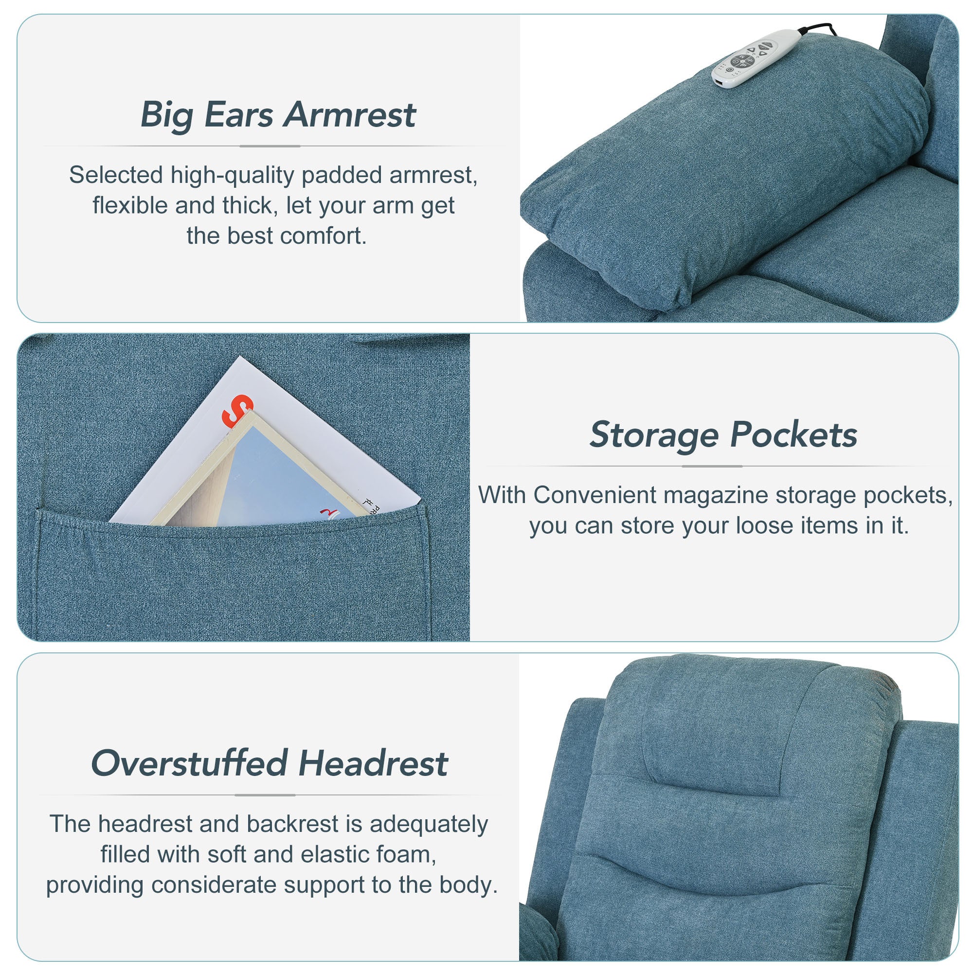 Blue Power Lift Chair Features: Storage Pockets, Big Armrests and Overstuffed Headrest