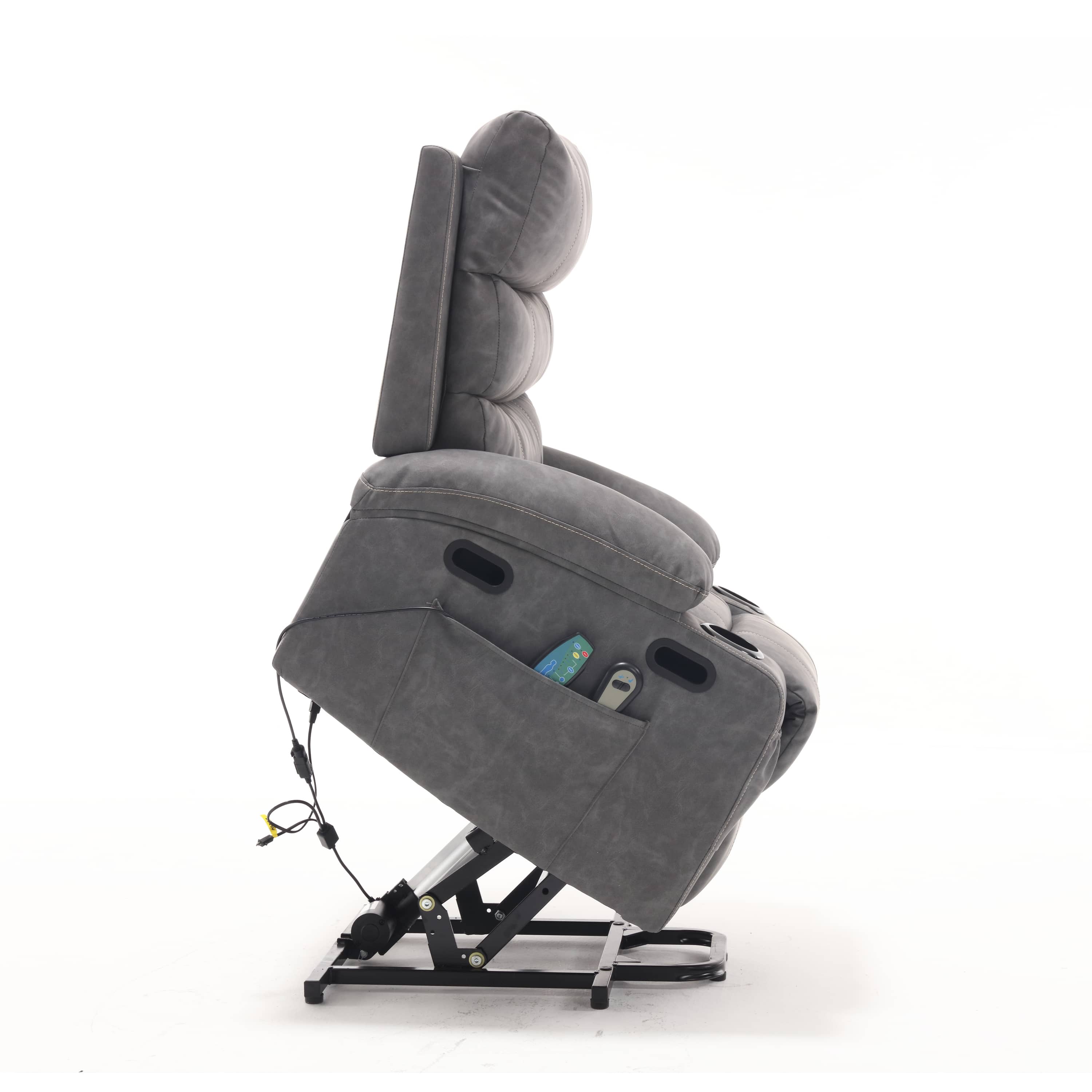 Overstuffed Large Power Lift Recliner with Massage and Heat, Gray, side view, lifted