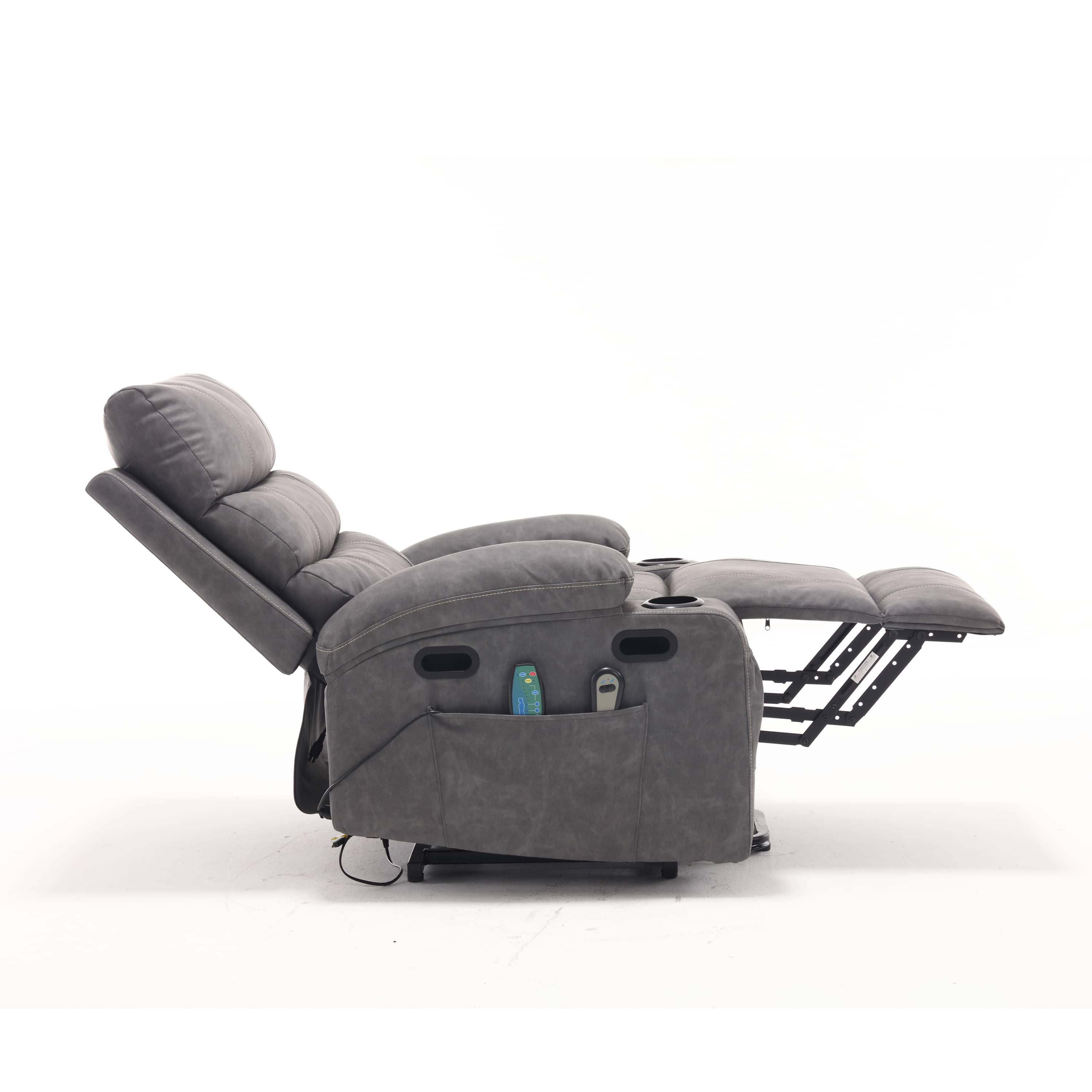 Overstuffed Large Power Lift Recliner with Massage and Heat, Gray, side view, reclined