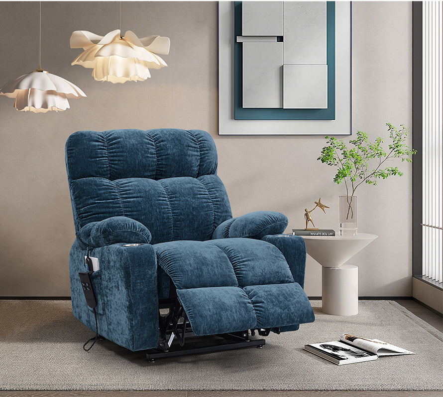 Blue infinite position sleep and lift recliner with heat massage, reclined