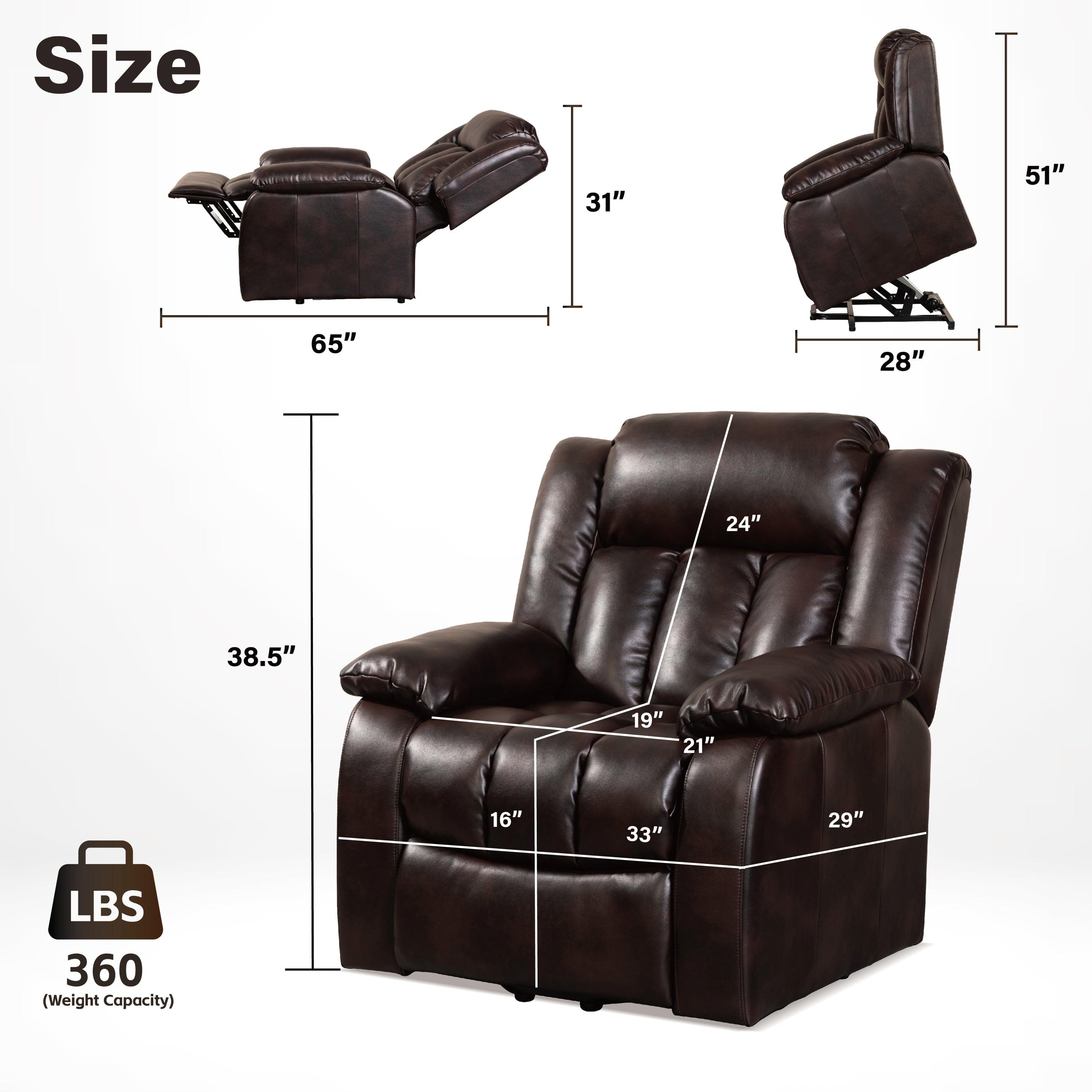 Red brown lift chair recliner with massage and heat,  dimensions and other specs