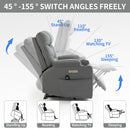 Grey Power Lift Recliner Chair with Vibration Massage and Lumbar Heat, angles of lift and recline