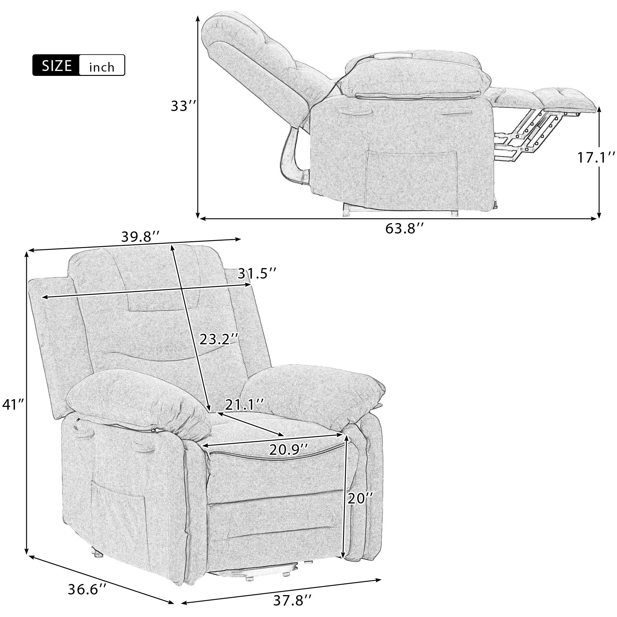 Beige infinite position massage and heat power lift recliner, measurements