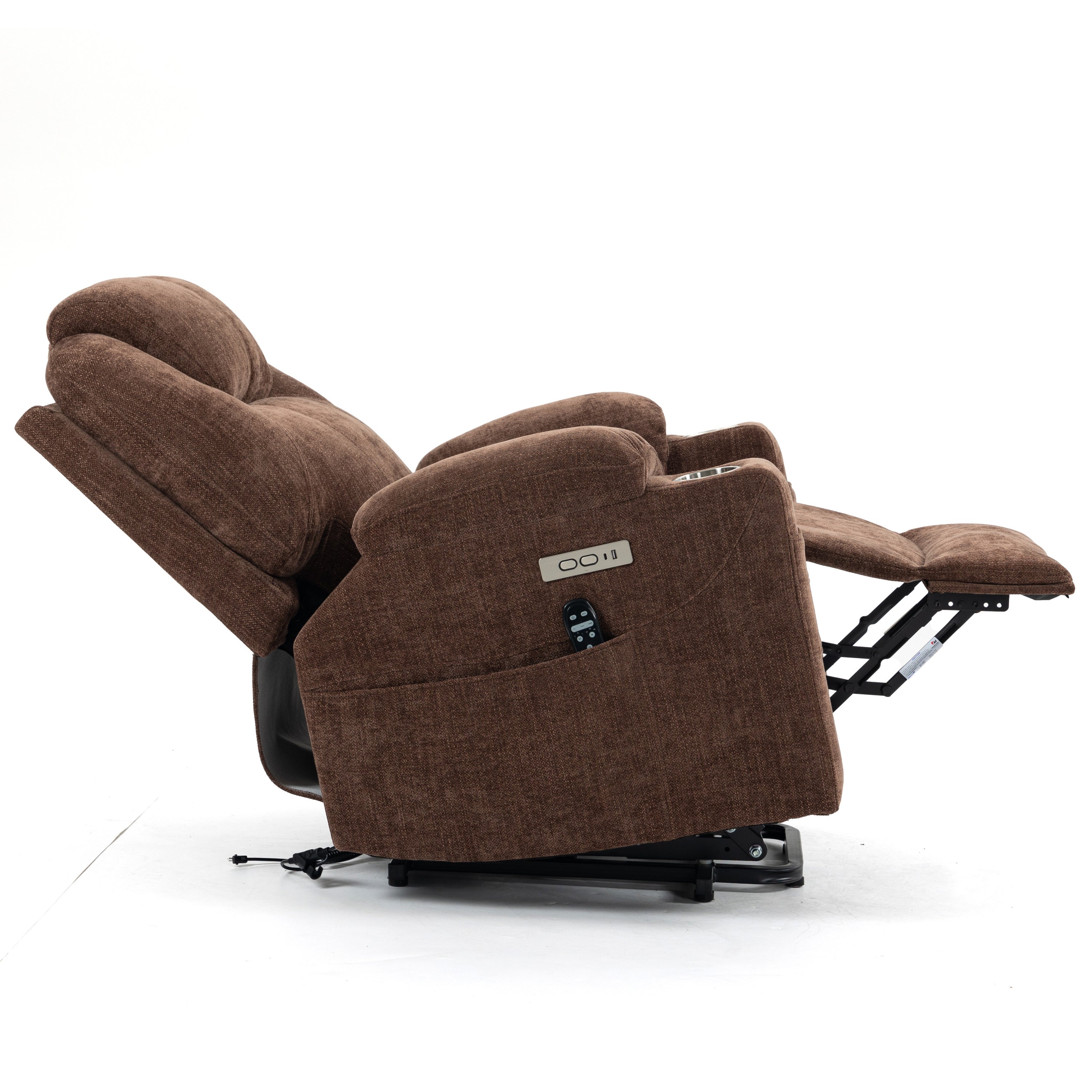 Brown Chenille Power Lift Recliner Chair, fully reclined side view