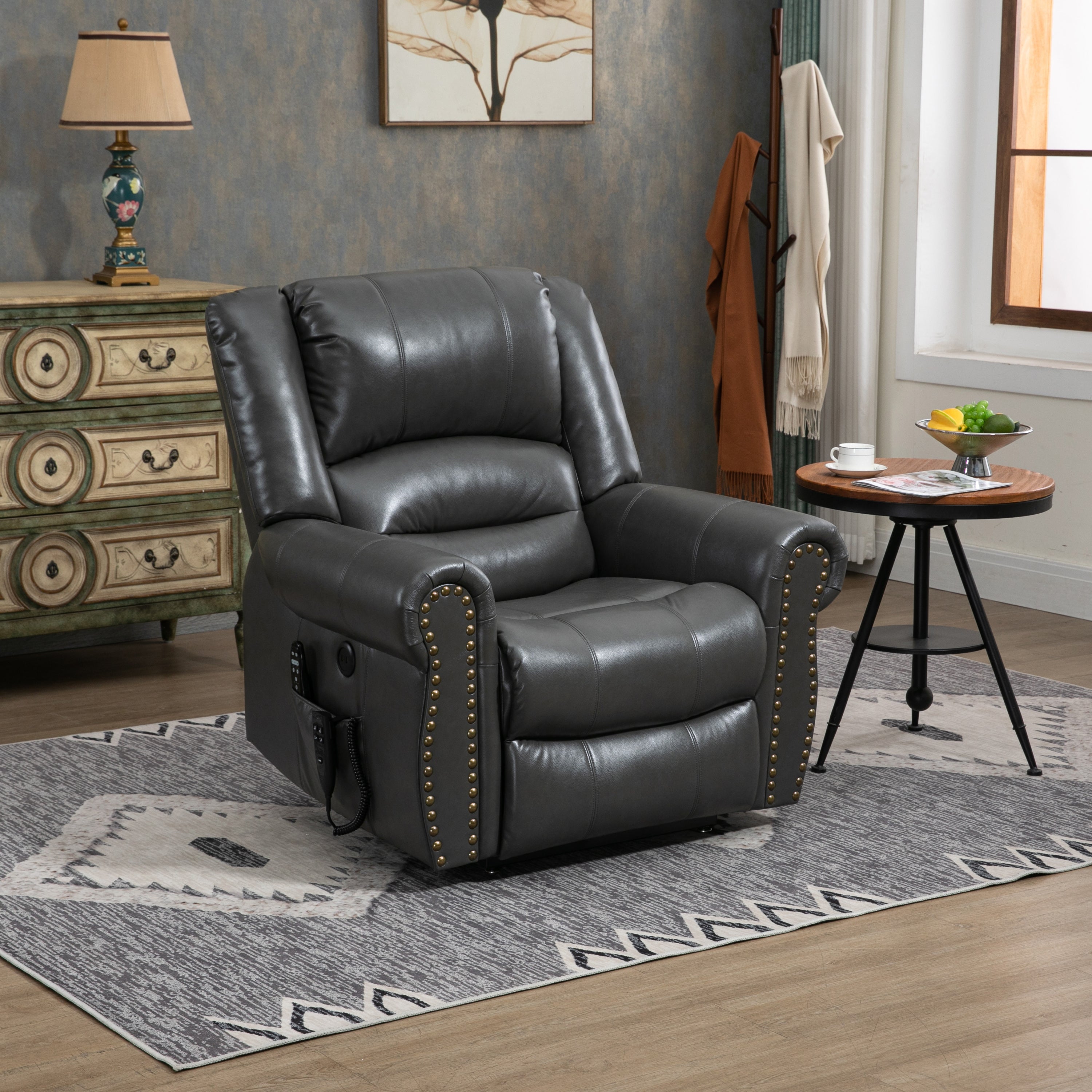 Grey Power Lift Recliner Chair with Heat, Massage, and Infinite Positioning, seated
