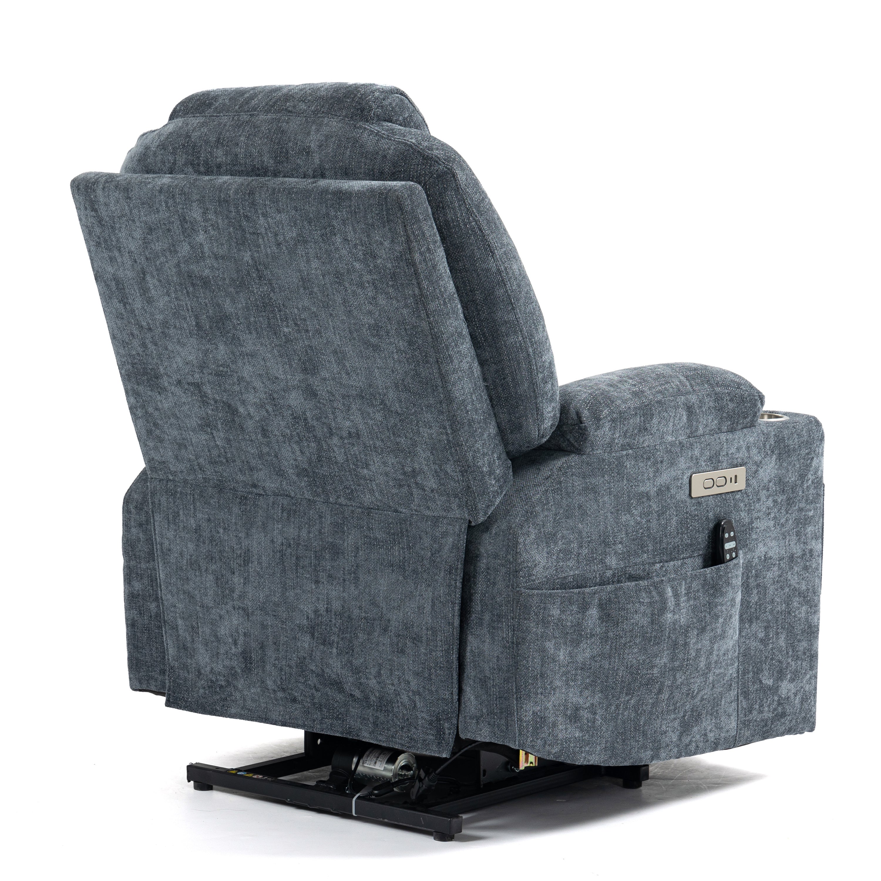 Blue Chenille Power Lift Recliner Chair, back view angle