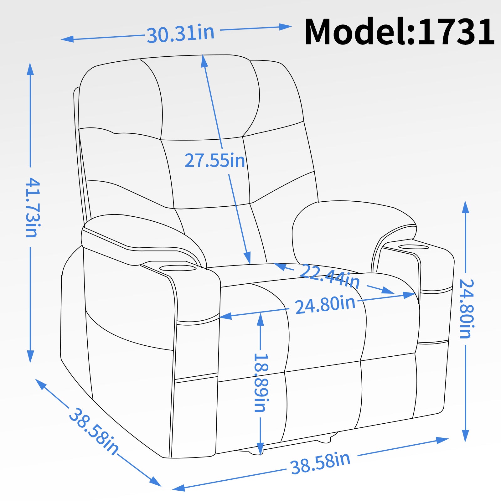 Grey Power Lift Recliner Chair with Vibration Massage and Lumbar Heat, dimensions