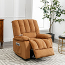 Light Brown Power Lift Chair Front Profile with Headrest and Footrest Slightly Extended