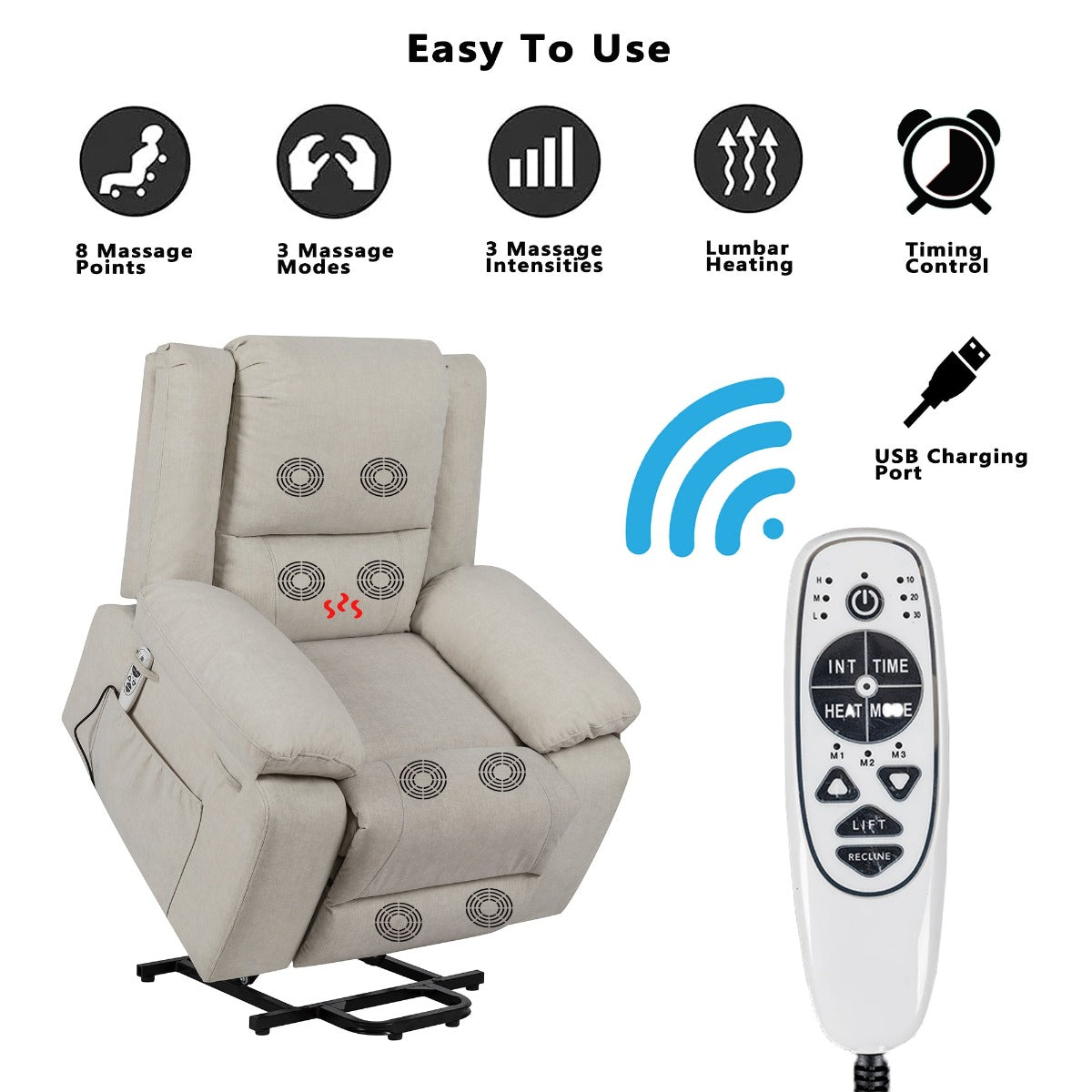 Power Recliner Chair With Massage and Cushion Heating, Beige, Features - My Lift Chair