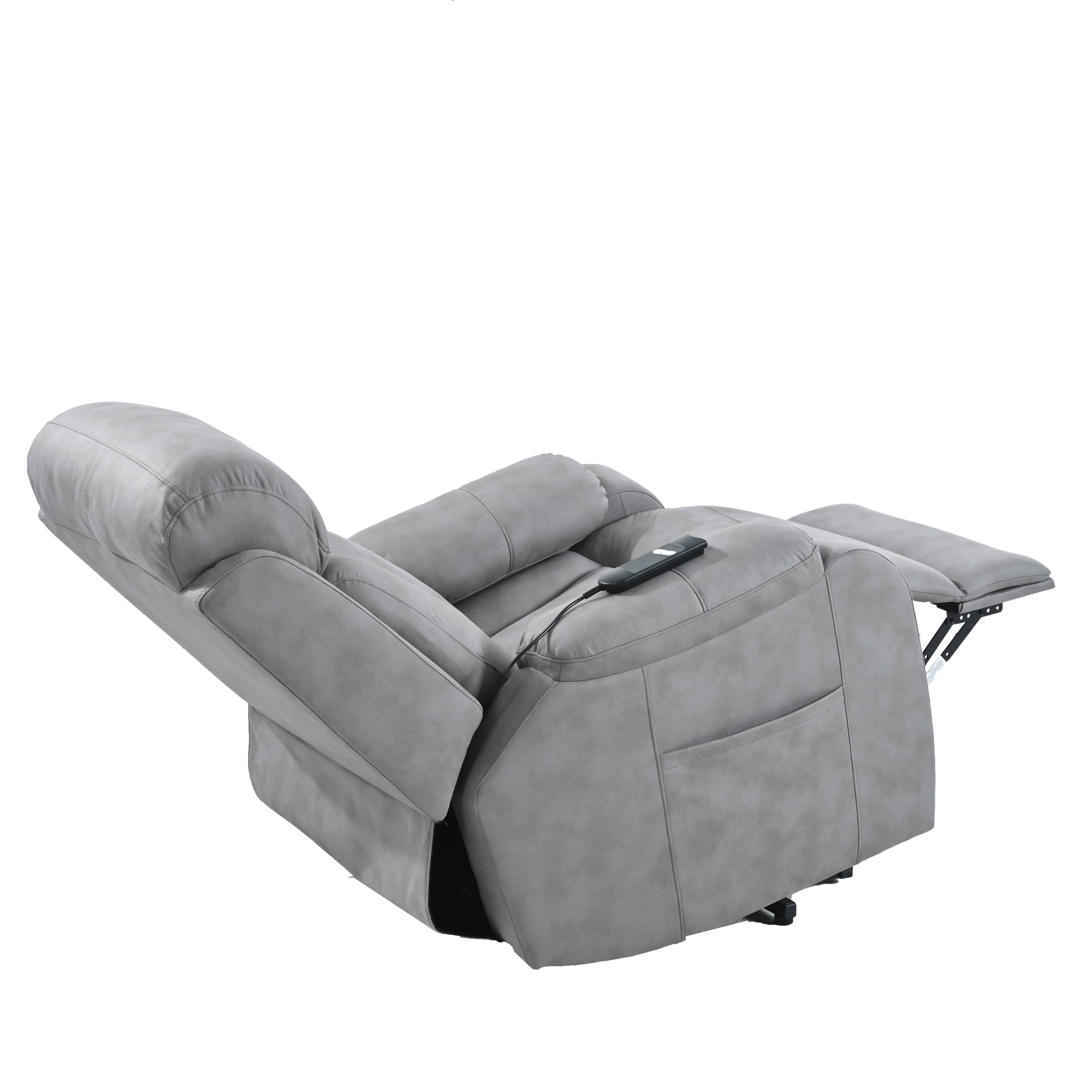 Light Gray Power Lift Chair Right Side Profile with Headrest and Footrest Extended
