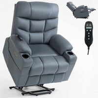 Blue Power Lift Recliner Chair with Vibration Massage and Lumbar Heat, lifted with remote