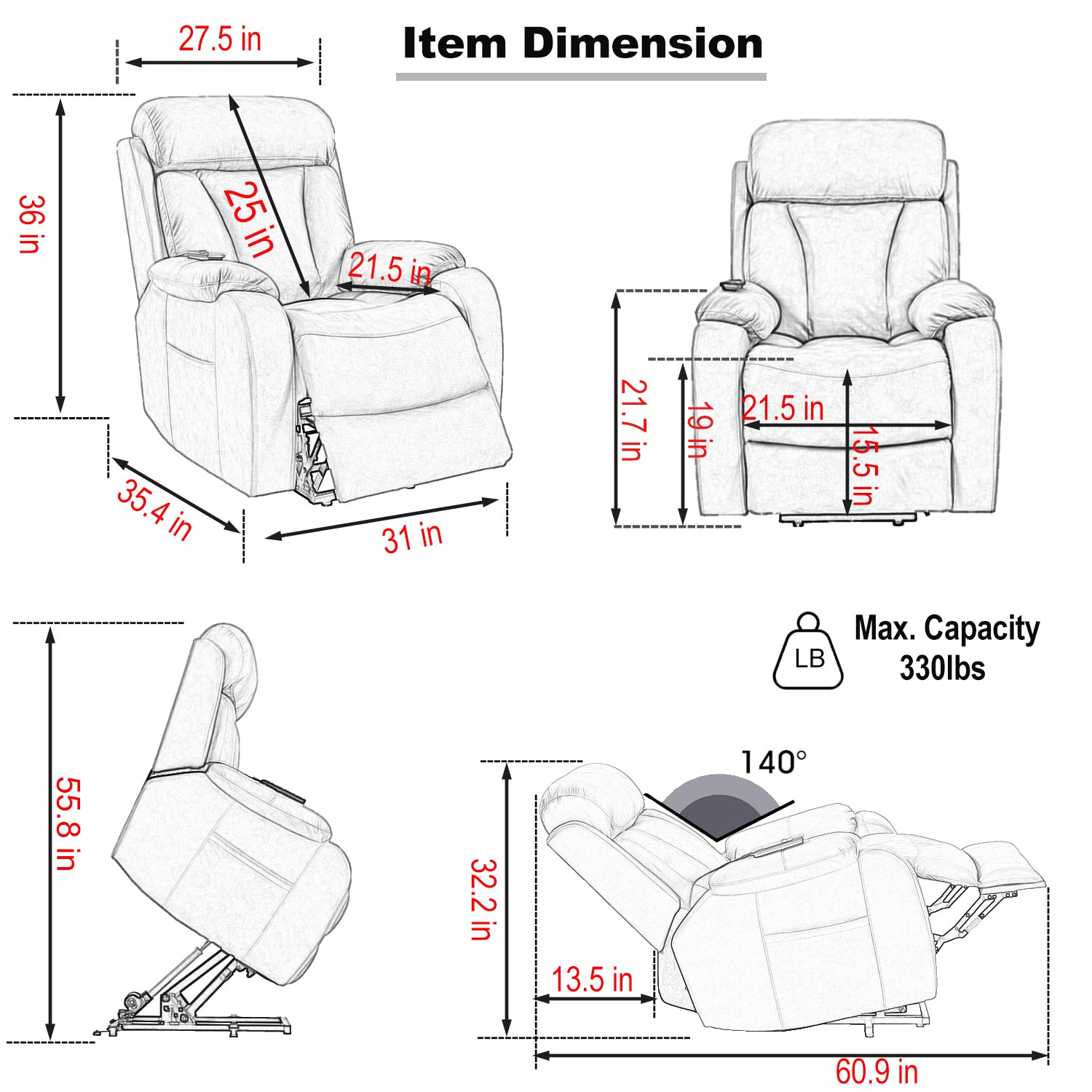 Dark Gray Power Lift Chair Measurements