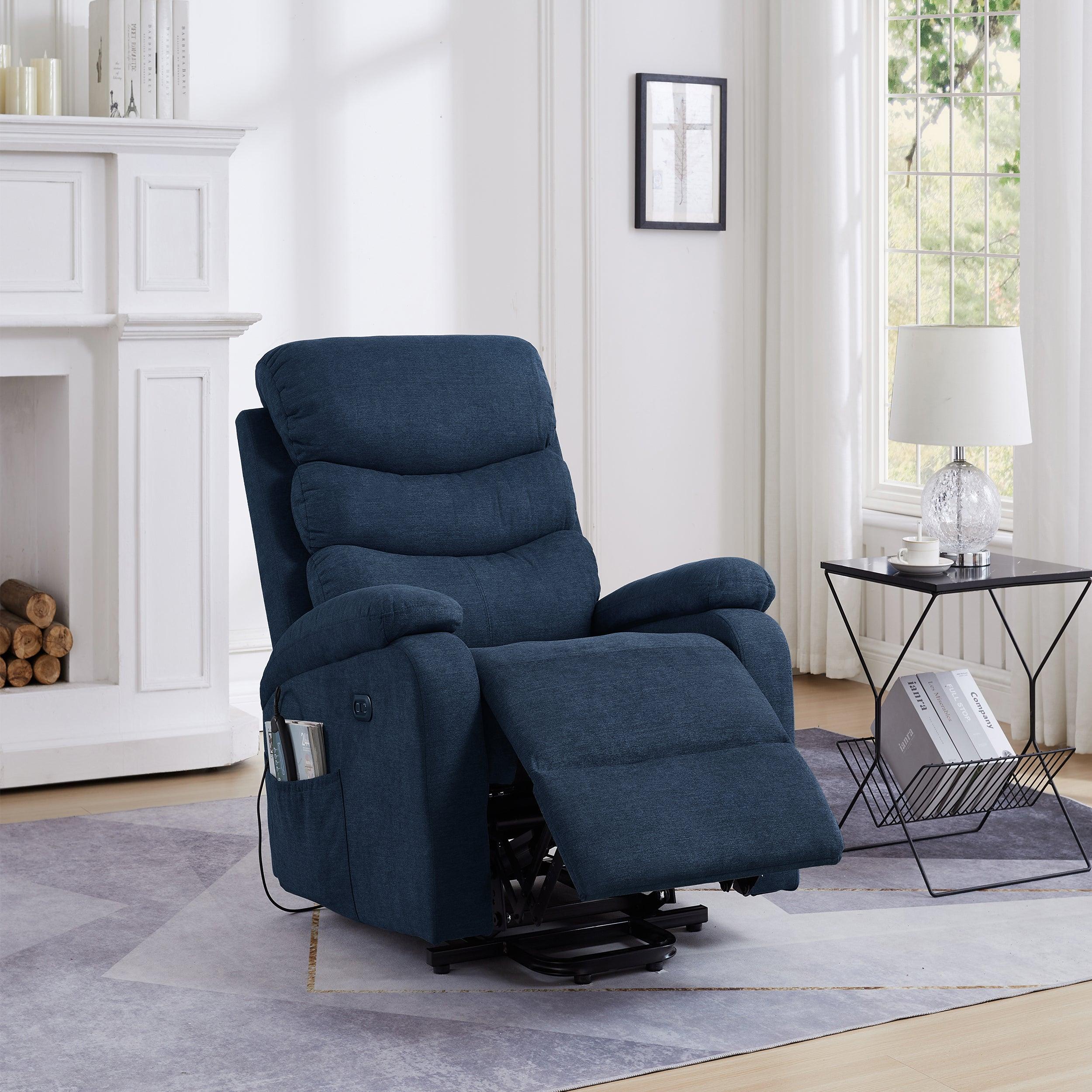 Power Lift Recliner Chair with Massage, Blue, partially reclined