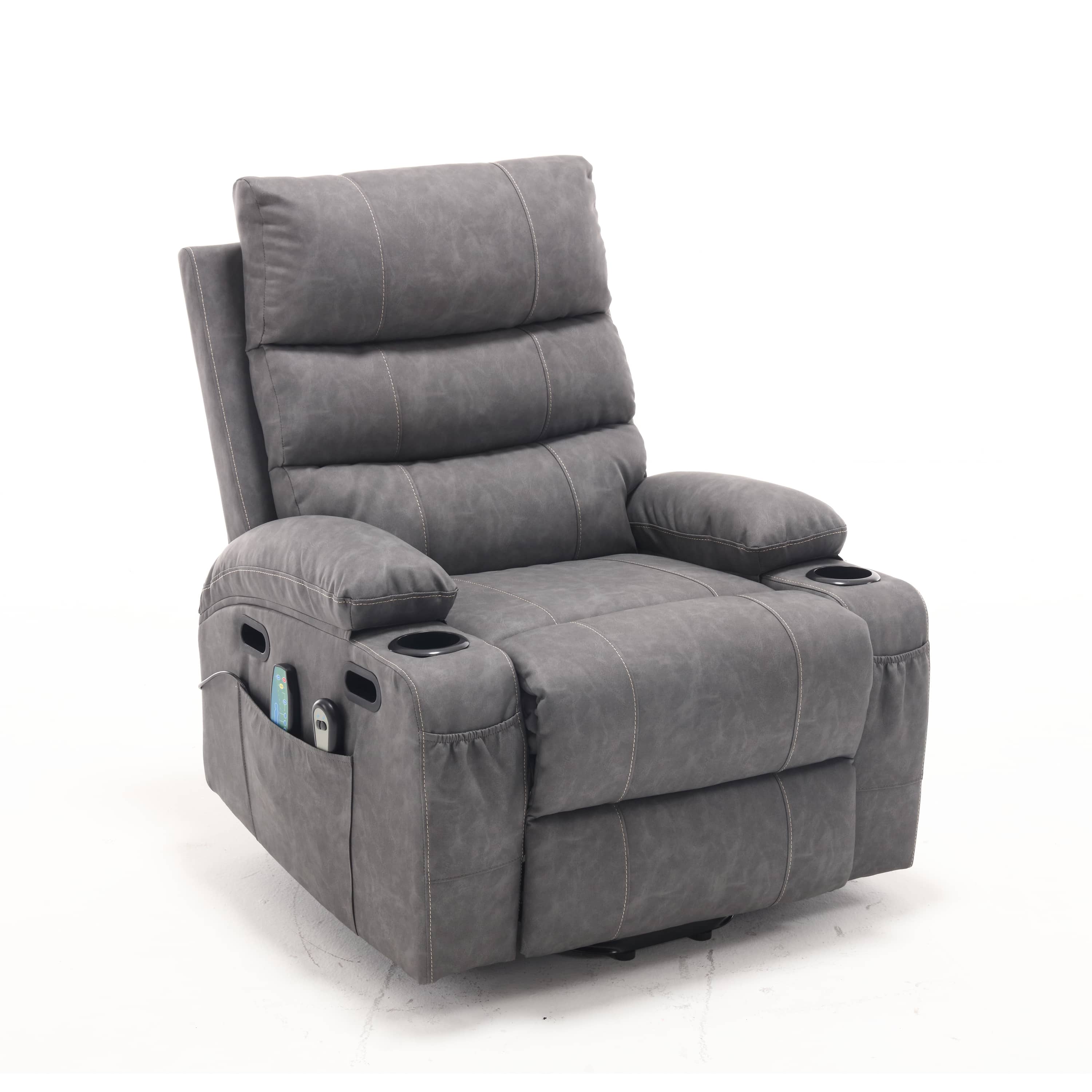 Overstuffed Large Power Lift Recliner with Massage and Heat, Gray, angle seated