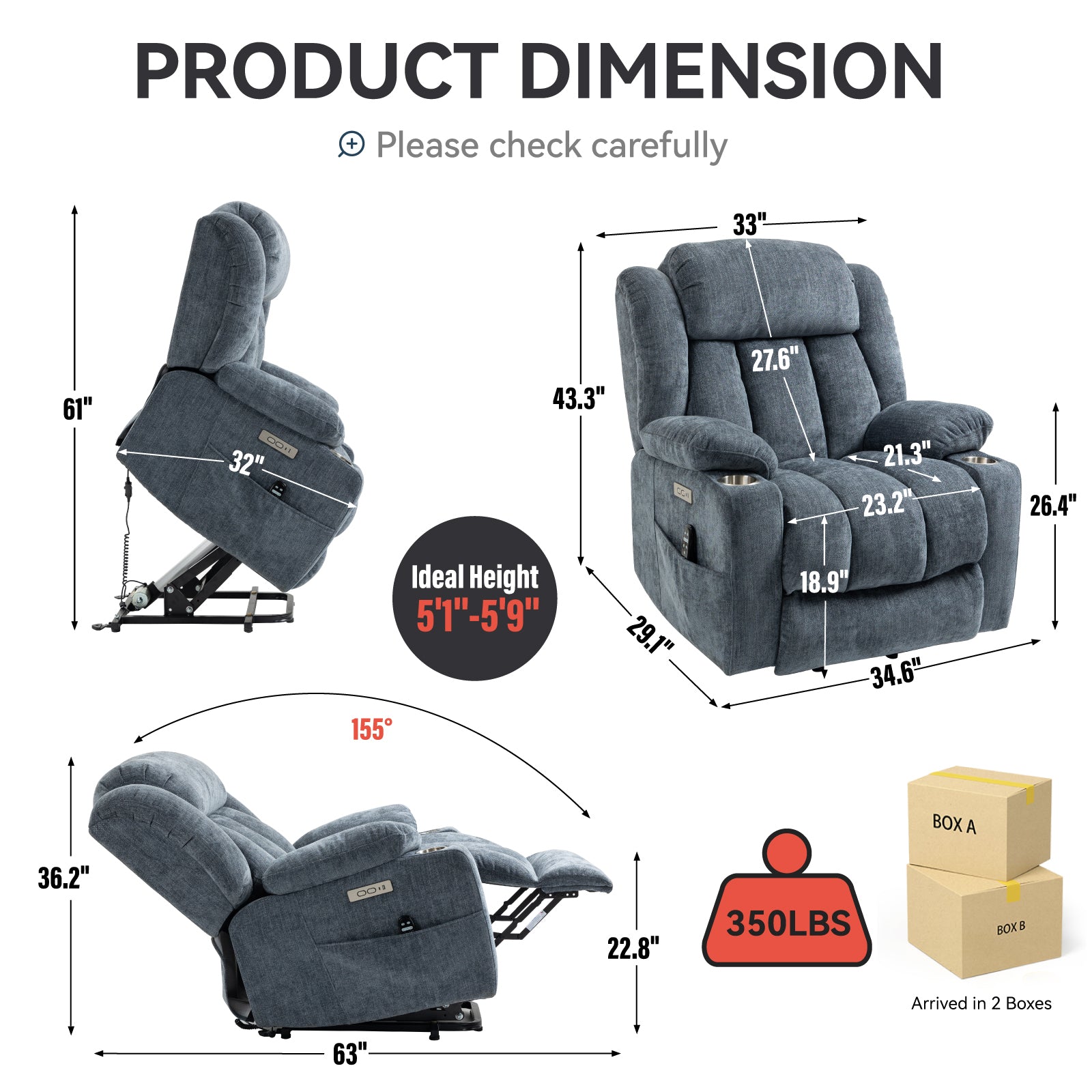 Blue Chenille Power Lift Recliner Chair, Heavy Duty Motion Mechanism with 8-Point Vibration Massage and Lumbar Heating, USB and Type-C Ports, Stainless Steel Cup Holders