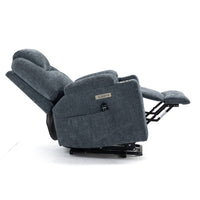 Blue Chenille Power Lift Recliner Chair, reclined side view