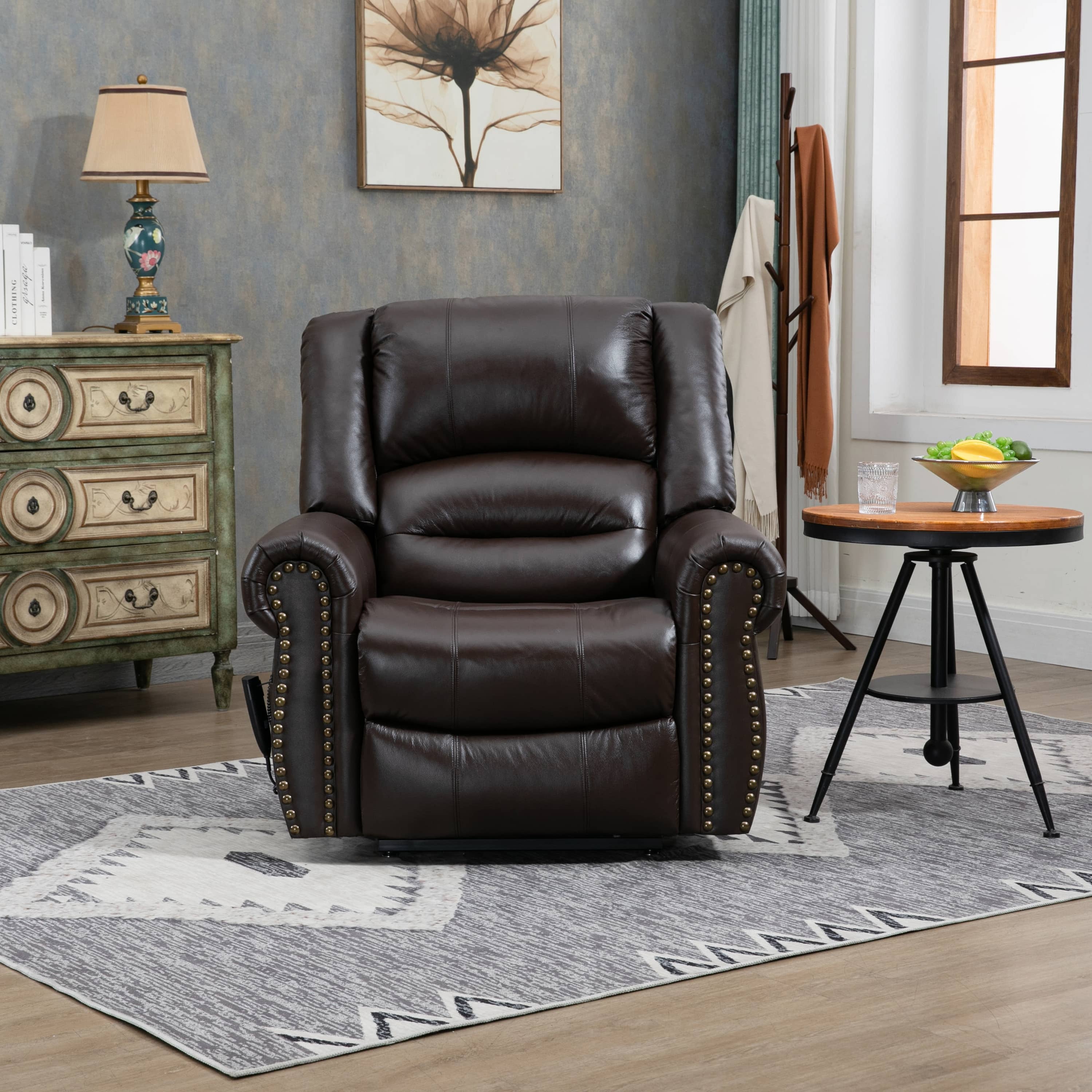 Genuine Leather Power Lift Recliner Chair with Heat, Massage and Infinite Positioning, Brown