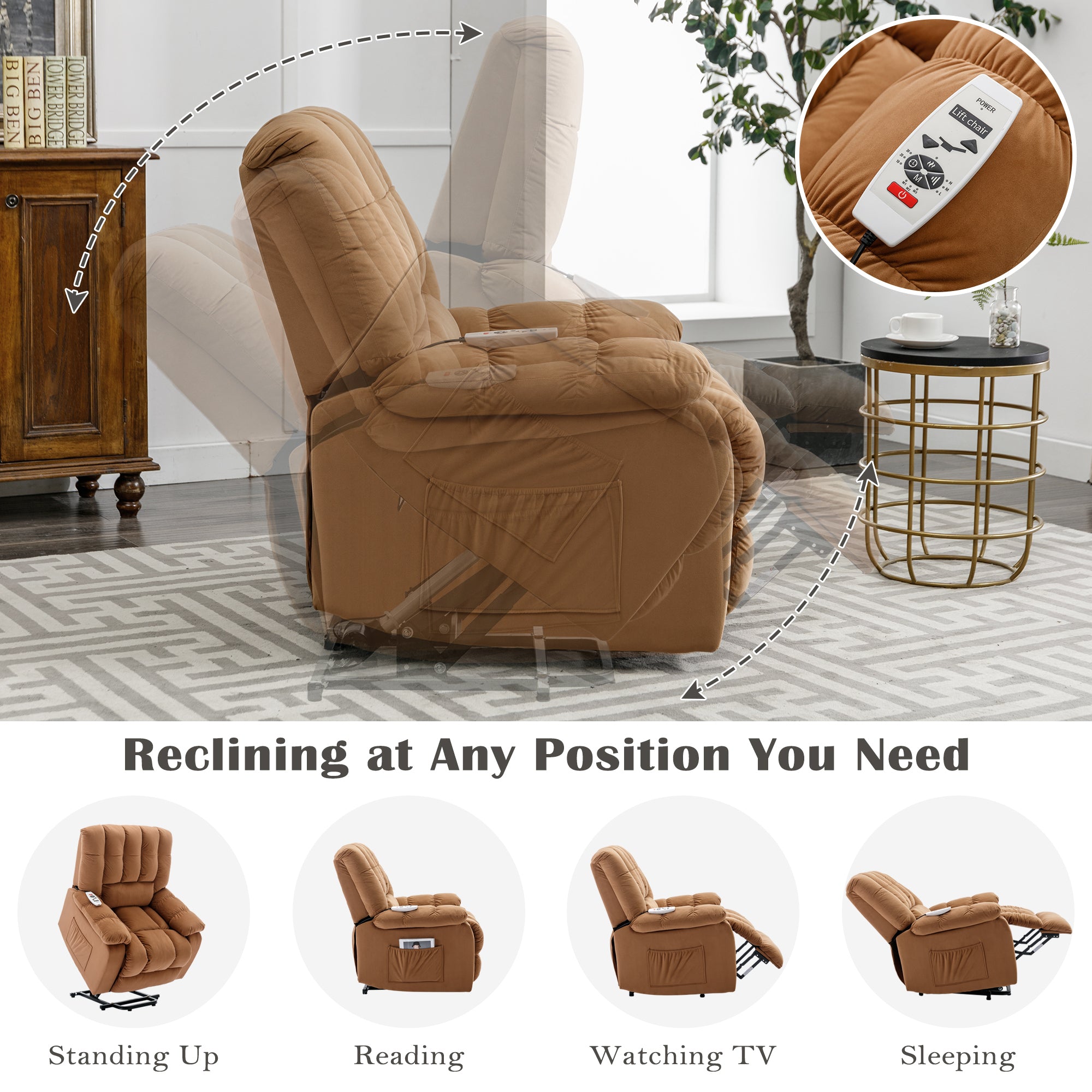 Light Brown Power Lift Chair with Recline Positions