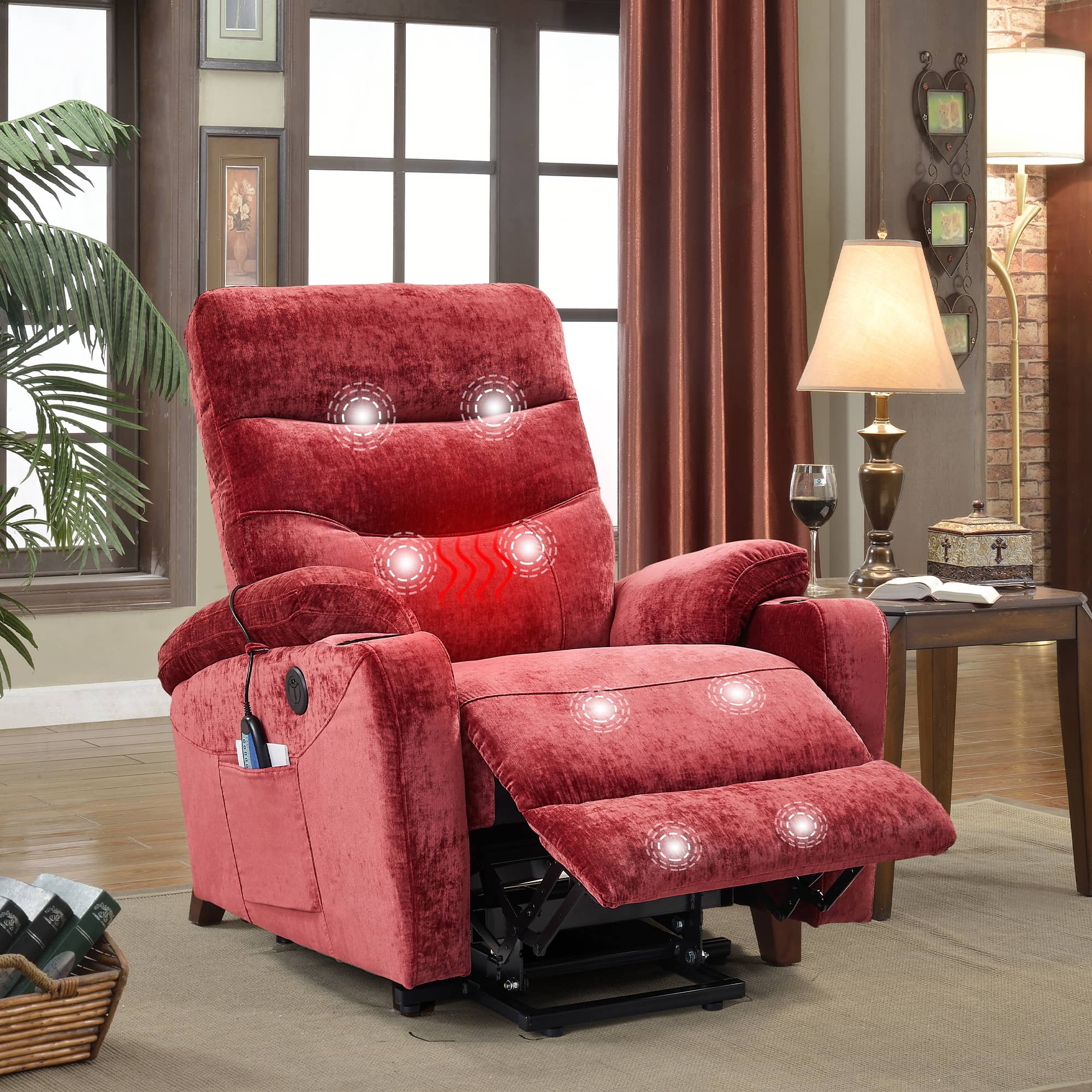 Red Power Lift Chair Front Profile with Footrest Extended and Massage Features