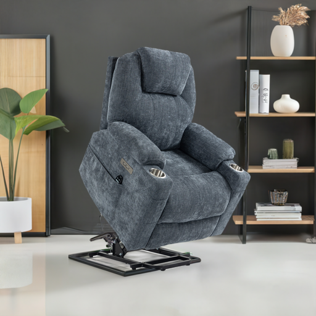 Blue Chenille power lift recliner chair, room view
