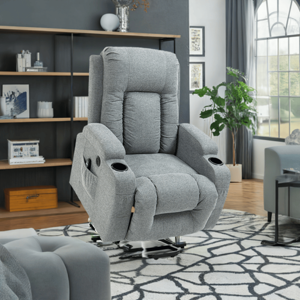 Grey Sky Infinite Position Power Lift Recliner with massage and heat, room view