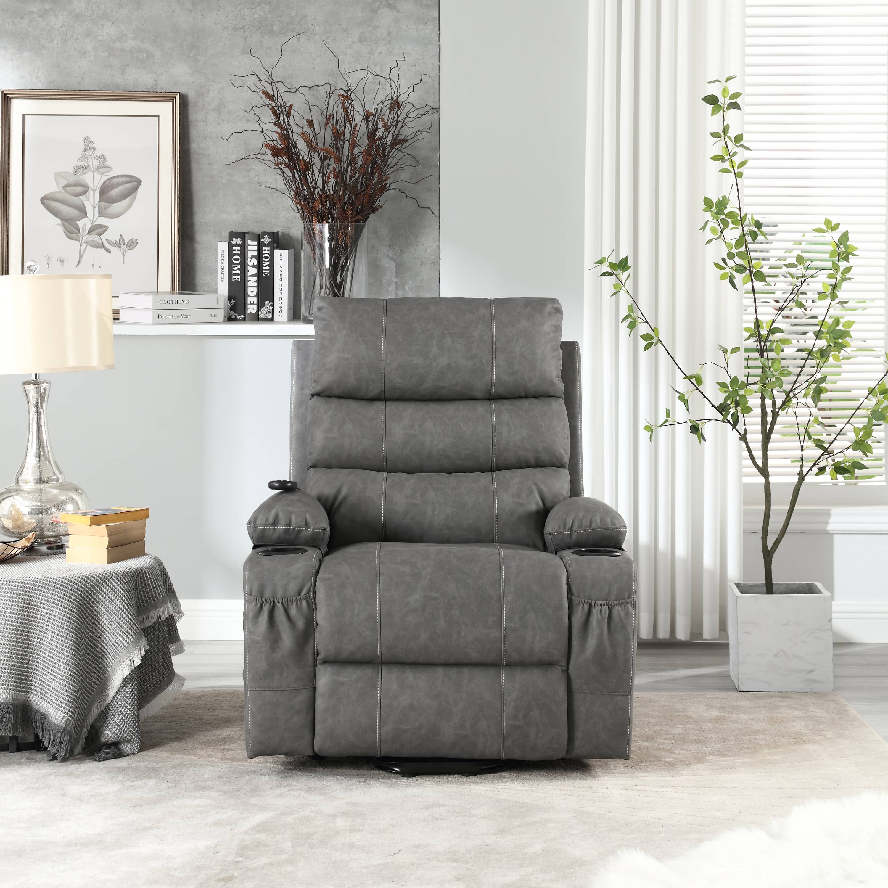 Overstuffed Large Power Lift Recliner with Massage and Heat, Gray